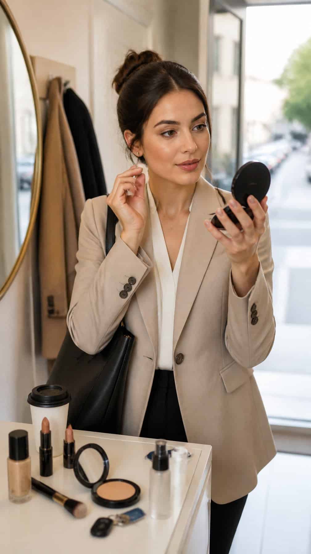 A woman in polished makeup prepares to leave for her morning commute beside a vanity with makeup items and a work bag.