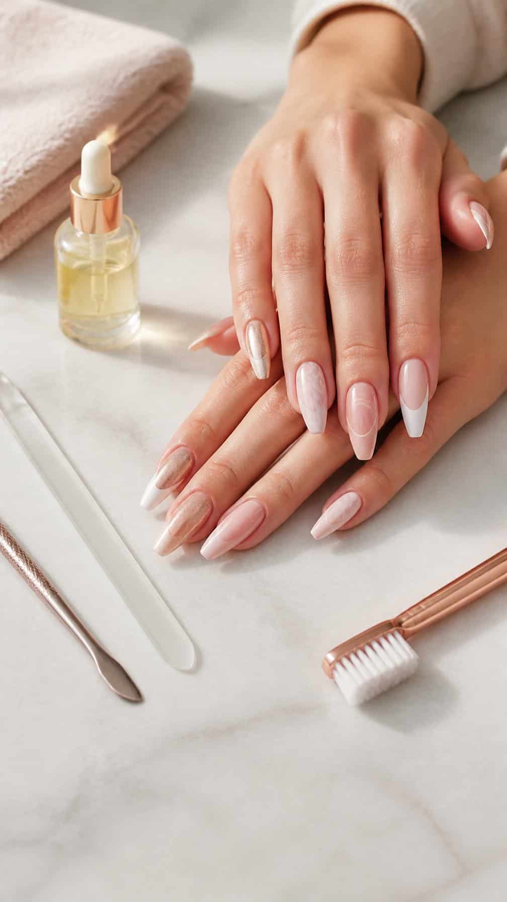A pair of hands with long manicured nails rests beside nail care tools on a light surface.