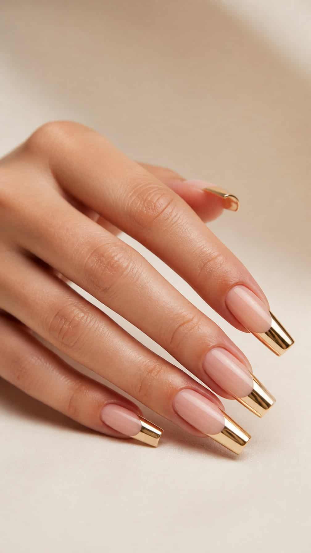 A hand displays long square-shaped nails with nude bases and metallic gold tips.