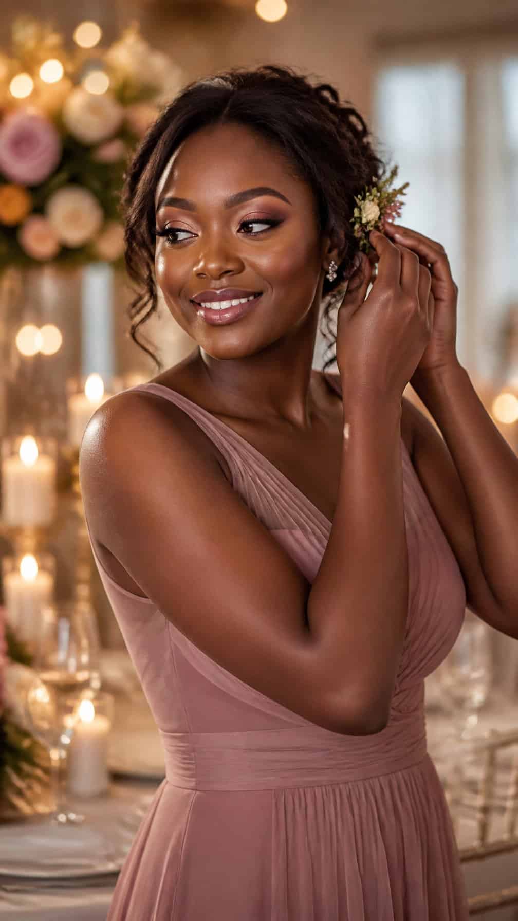 A smiling Black bridesmaid with deep brown skin and elegant makeup stands in a softly lit wedding reception setting.