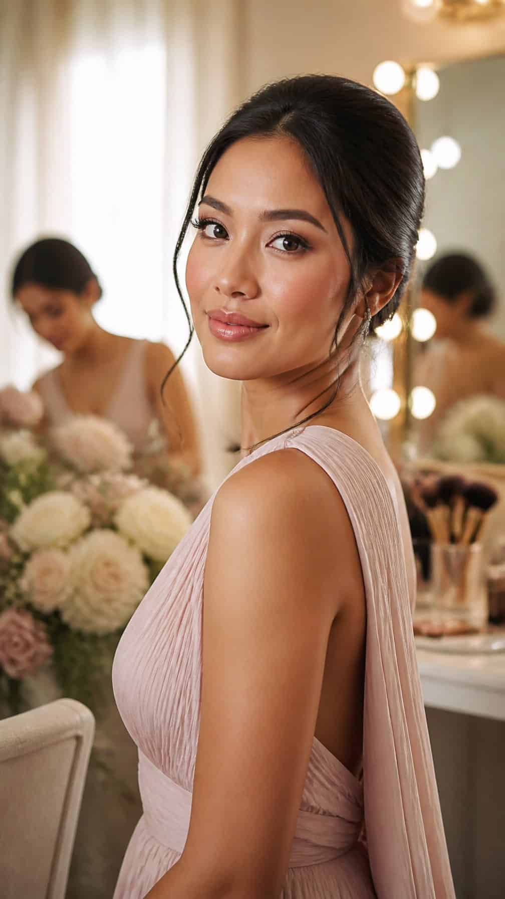 A bridesmaid with softly polished neutral makeup poses in an elegant wedding preparation setting.