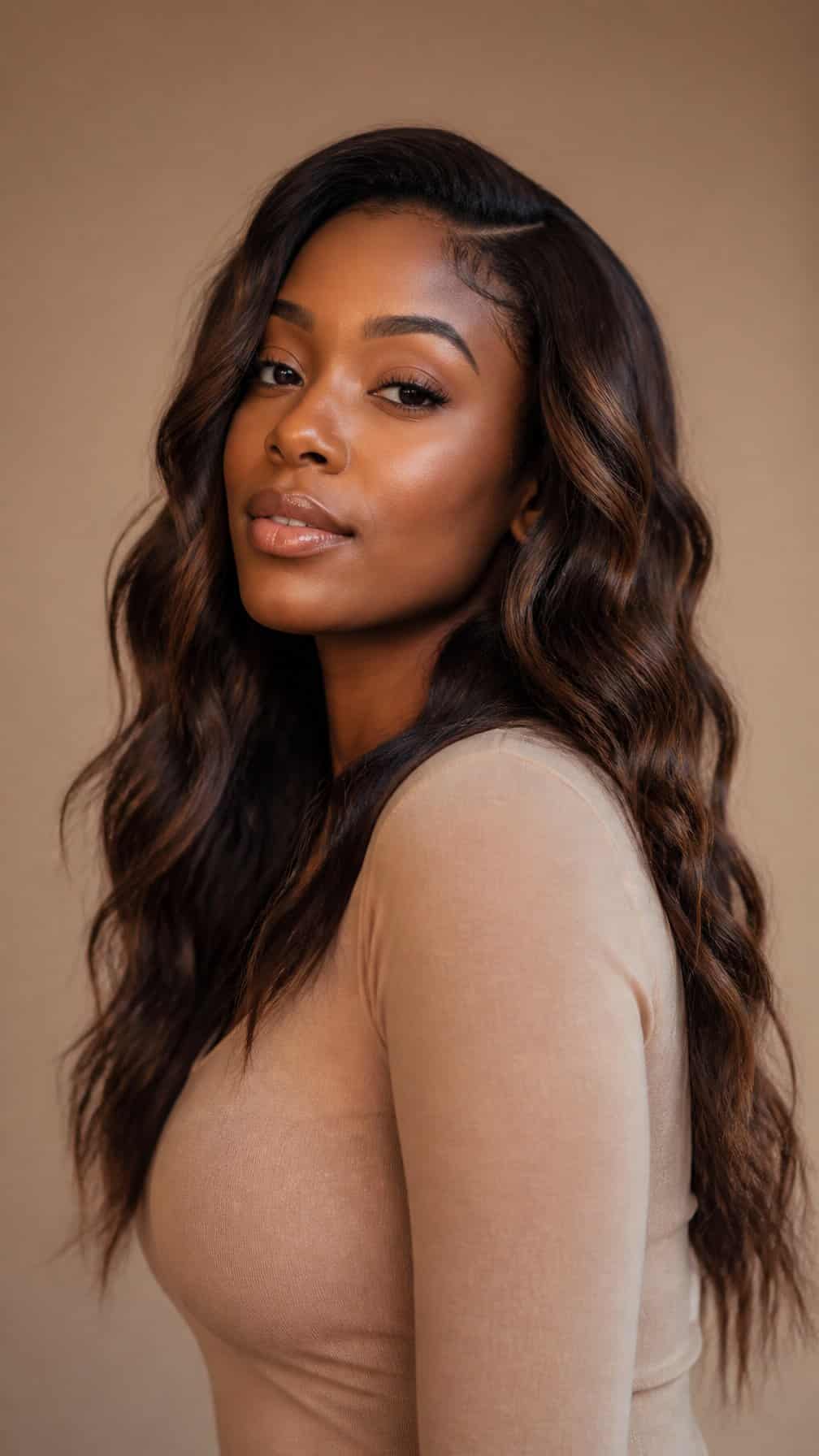 A woman with long, softly waved hair poses against a warm neutral background.