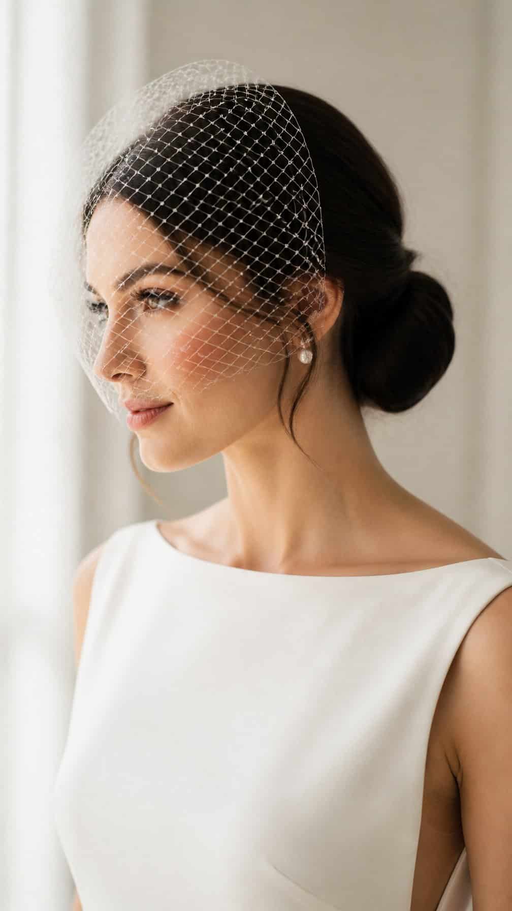 Bride wearing a low bun and a simple birdcage veil.