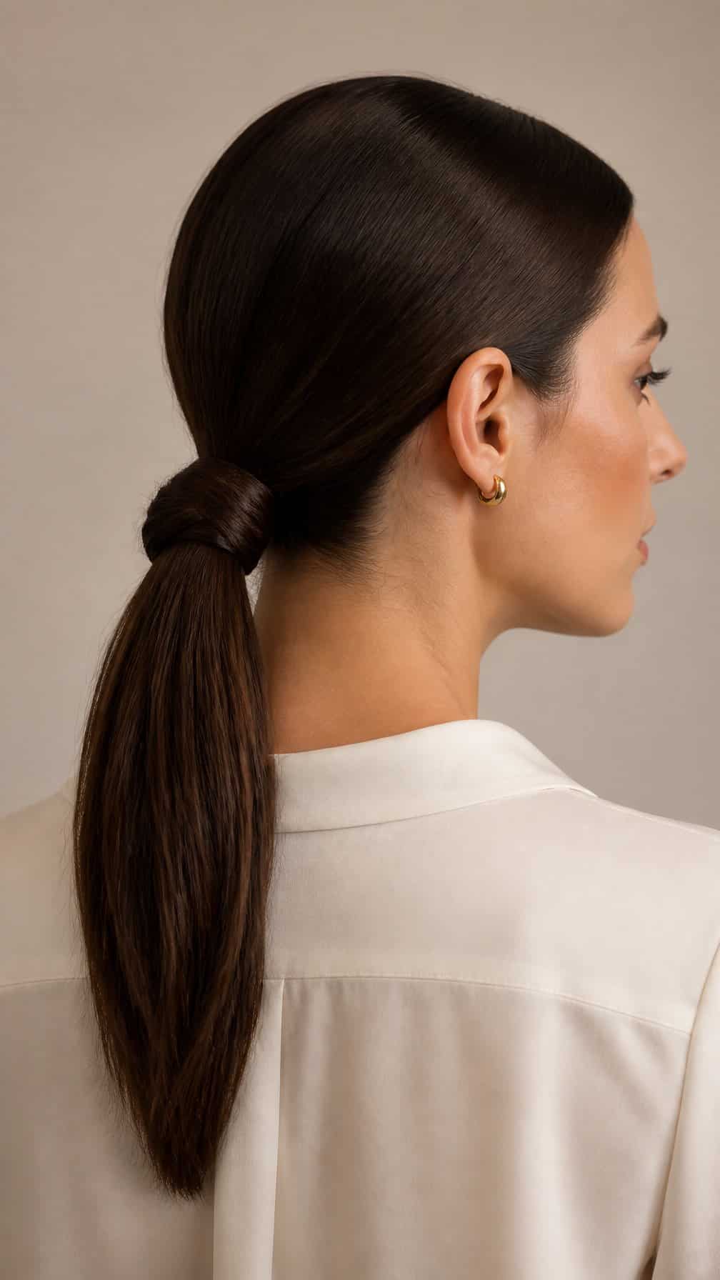 Woman with a neatly tied low ponytail at the nape of her neck.