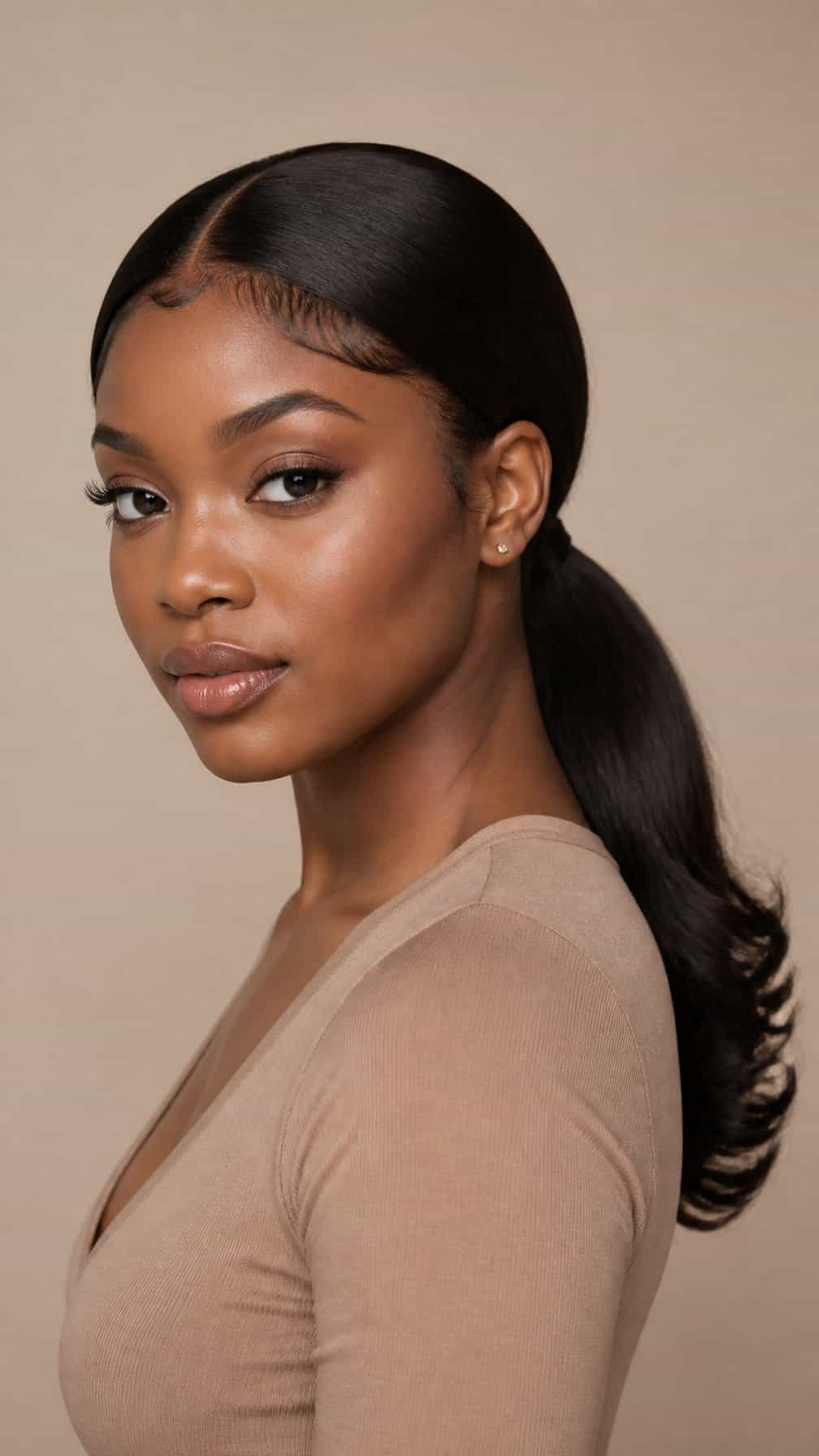 A woman with dark hair tied back stands against a softly lit neutral background.