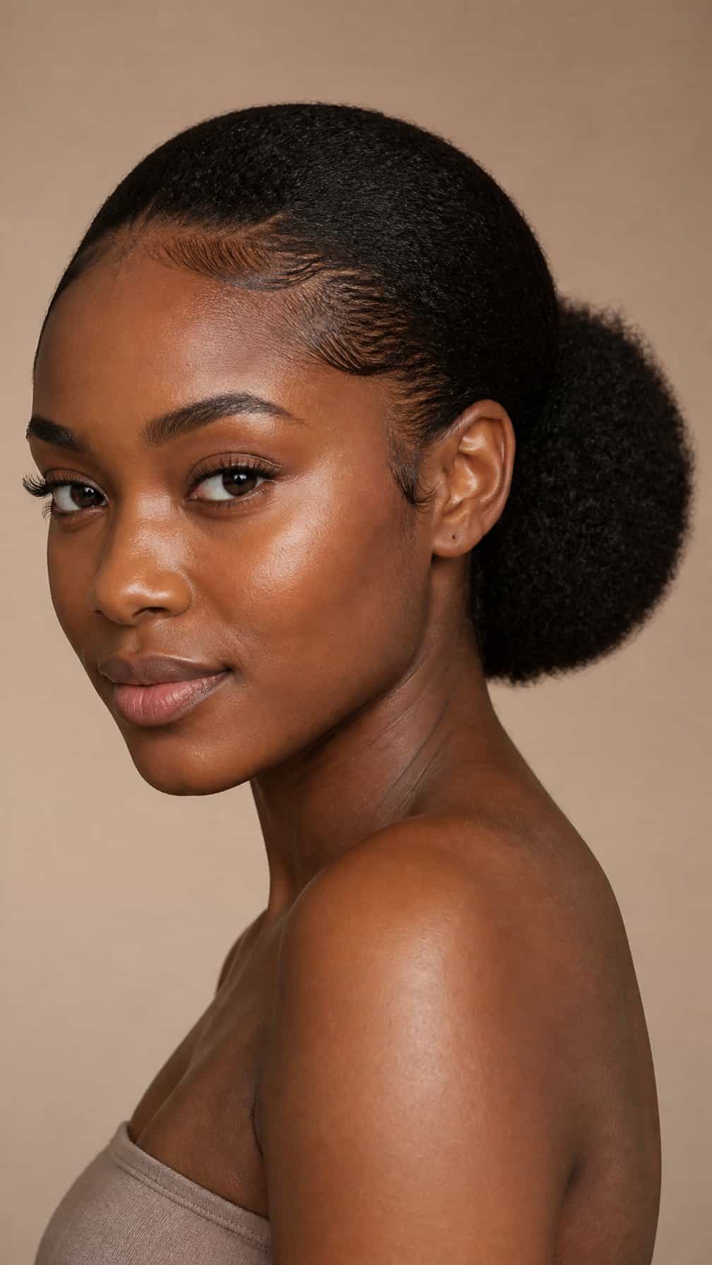 Woman with natural coily hair styled in a low puff with neatly defined edges.