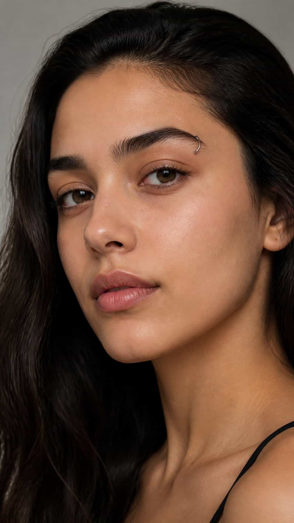 Close-up portrait of a person with prominent eyebrows and a low-set eyebrow piercing.