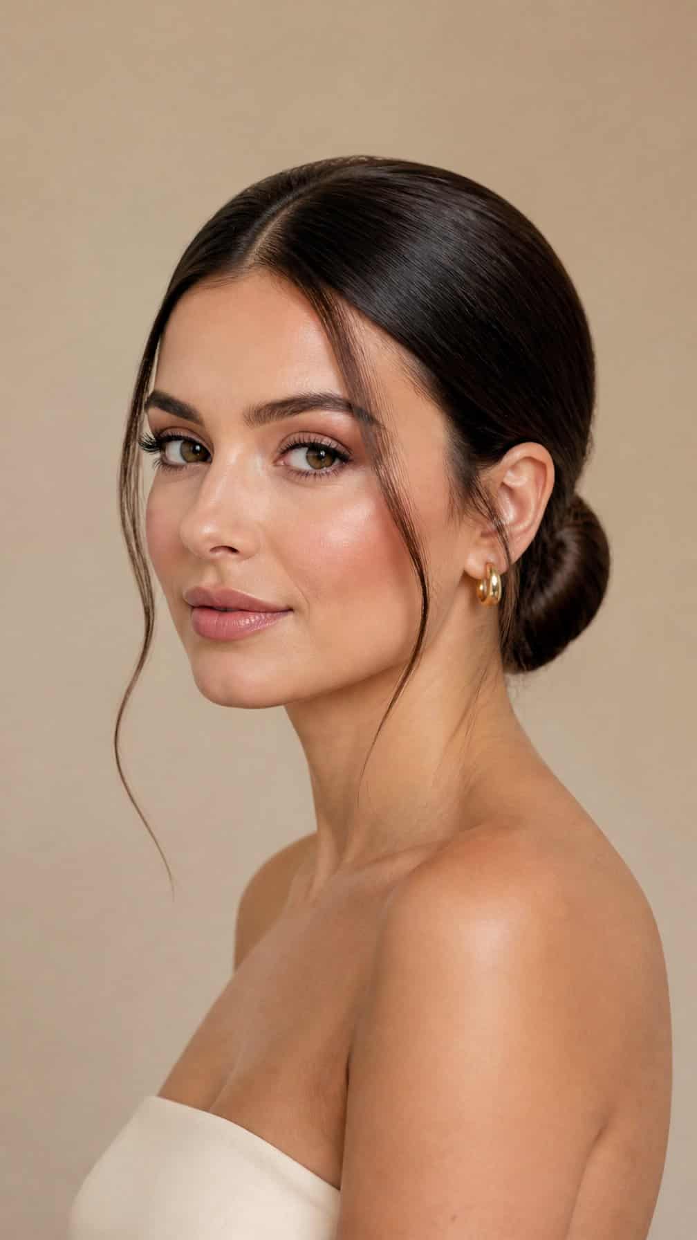 A woman wearing a low bun with two strands of hair framing her face.