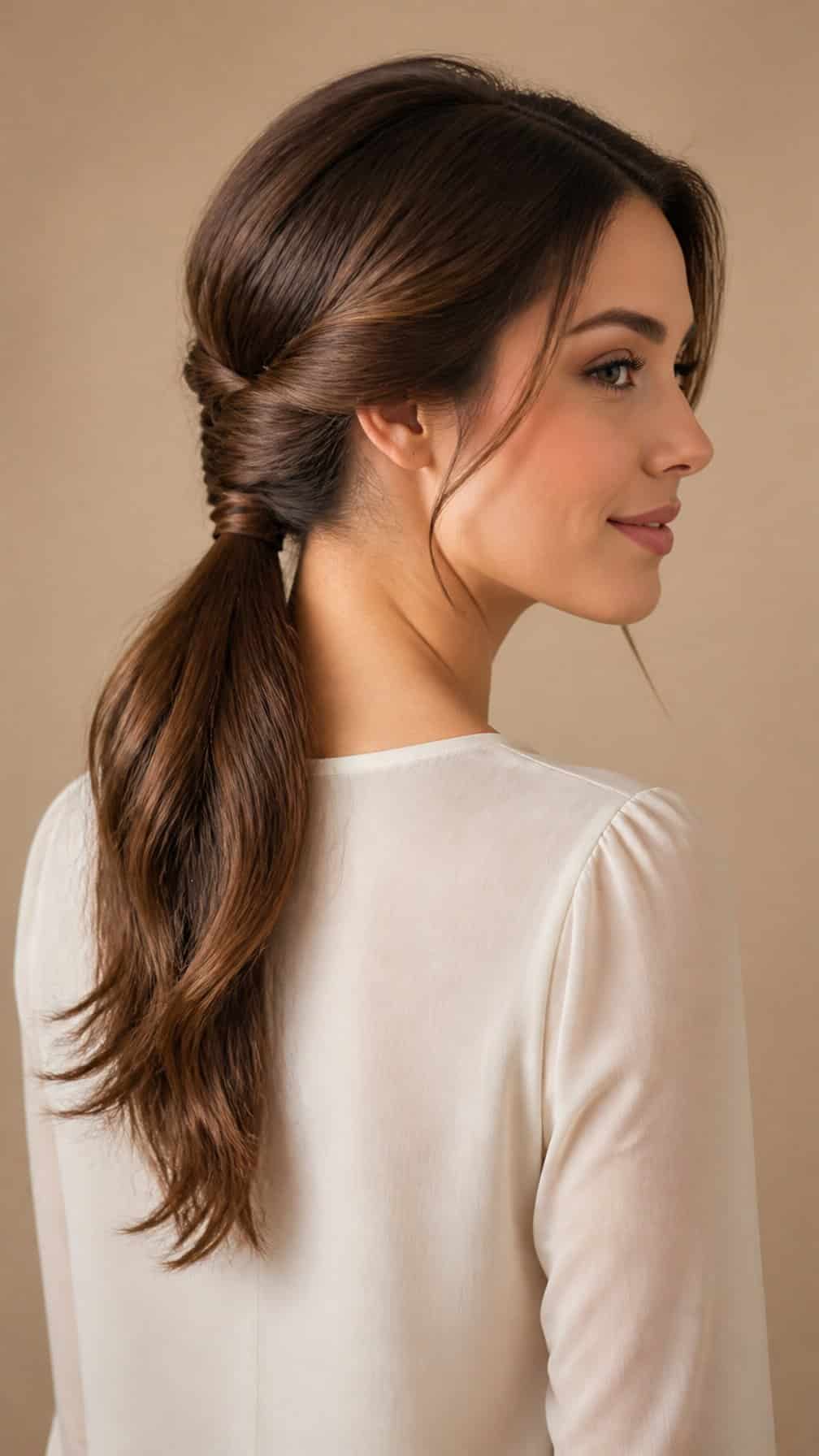 Woman wearing a low twisted ponytail at the nape of her neck.