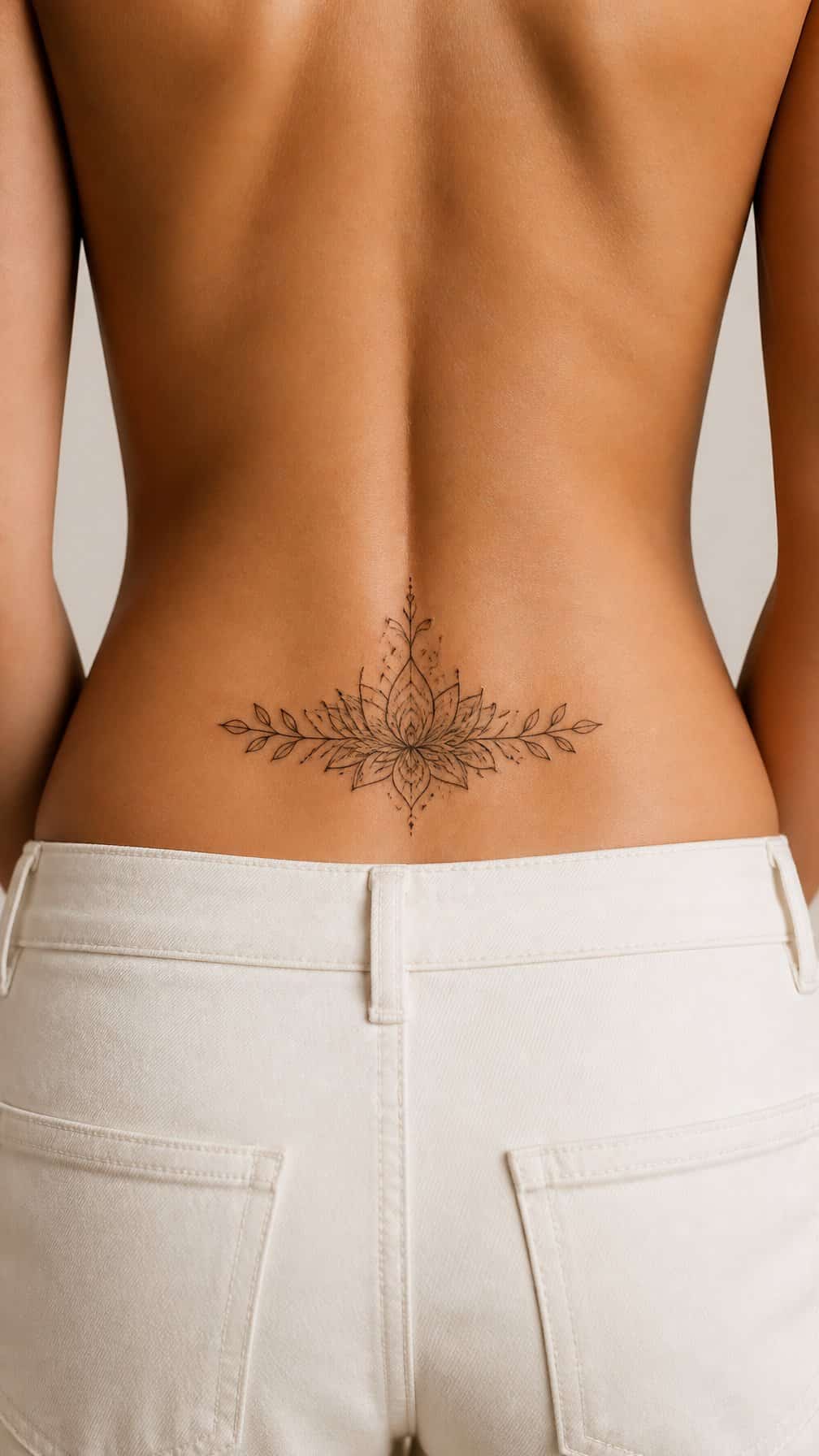 Adult model shown from behind with a centered decorative tattoo on the lower back.