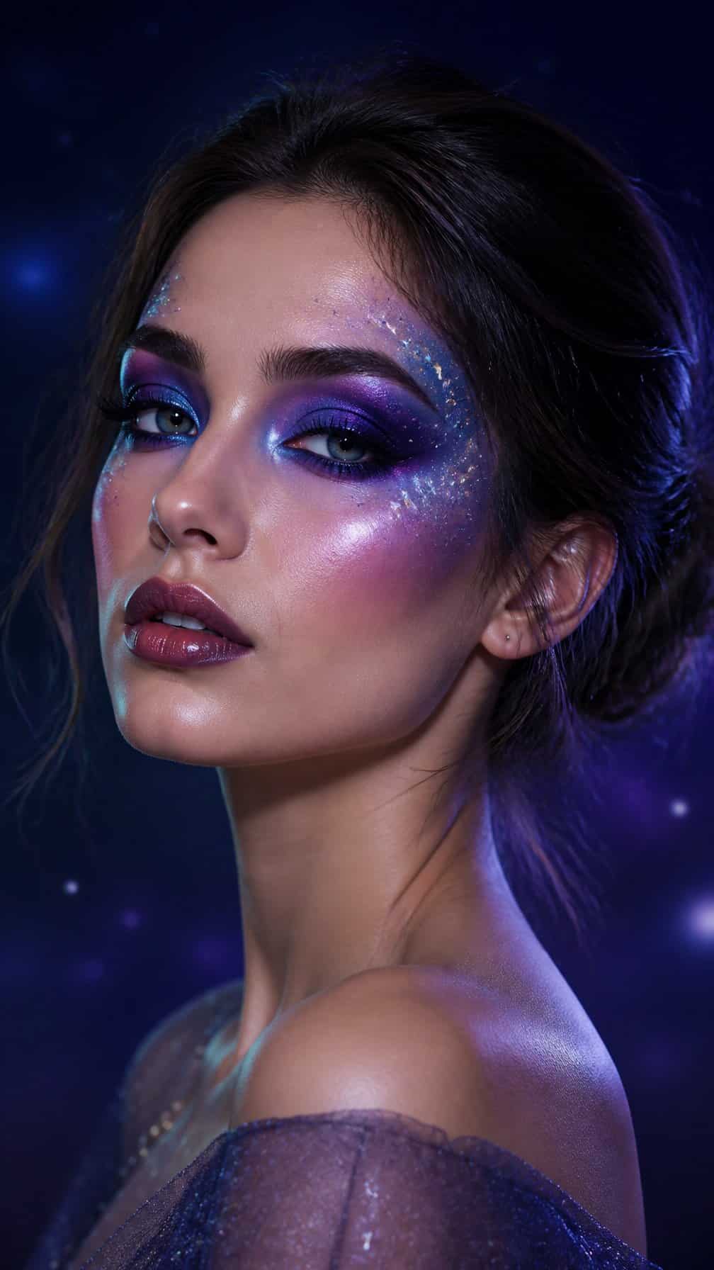 A model wearing colorful galaxy-inspired makeup with stars and shimmering purple and blue accents.