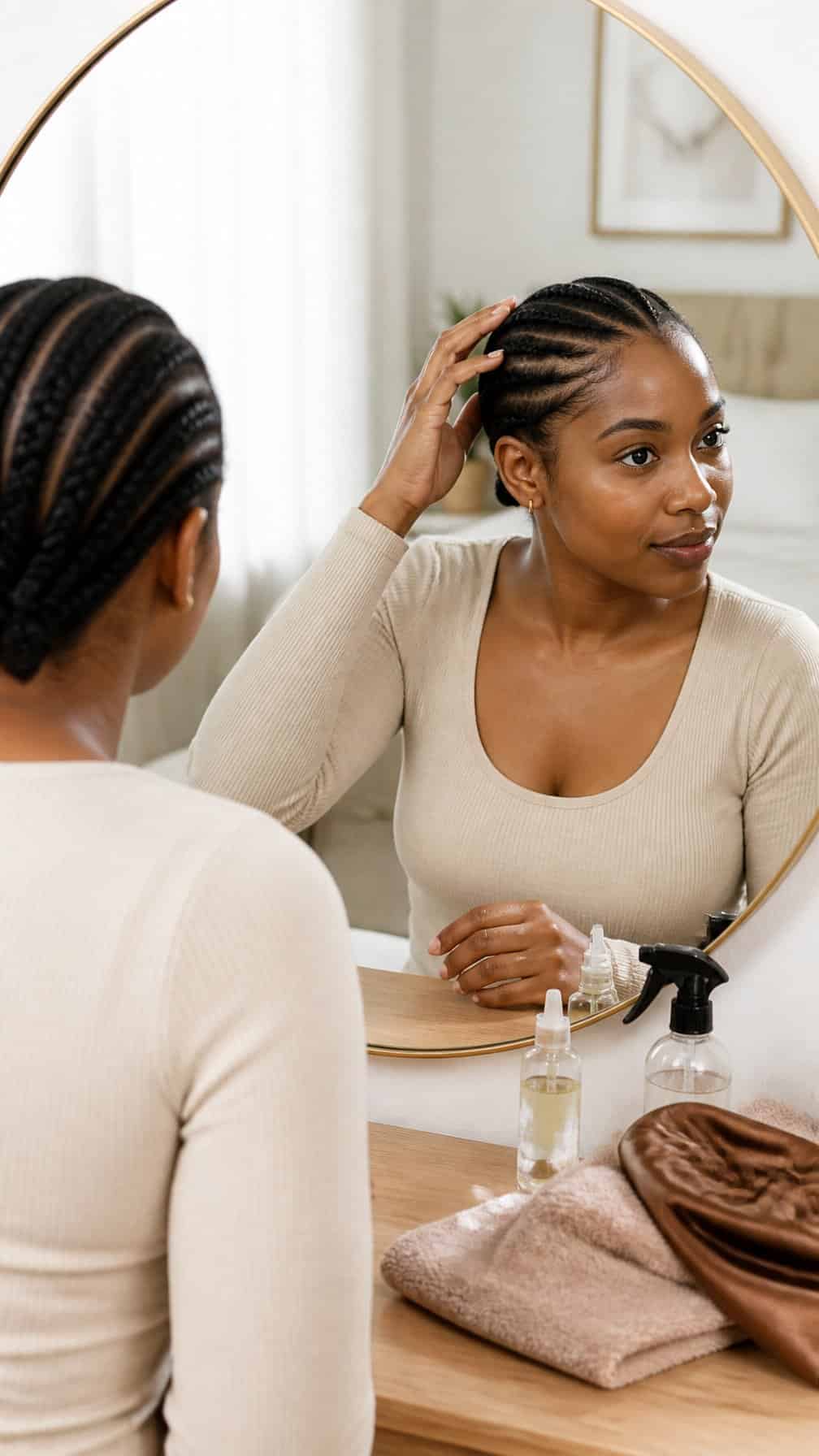 A woman gently caring for her neatly braided hair in a bright room.