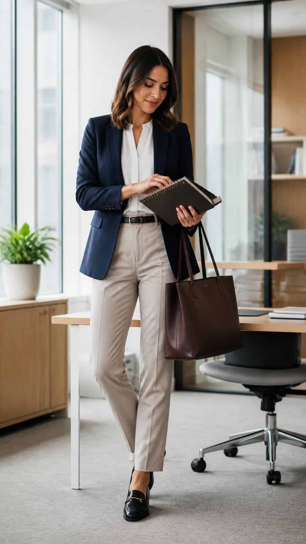 A woman in a tailored office outfit stands in a bright modern workplace beside a desk.