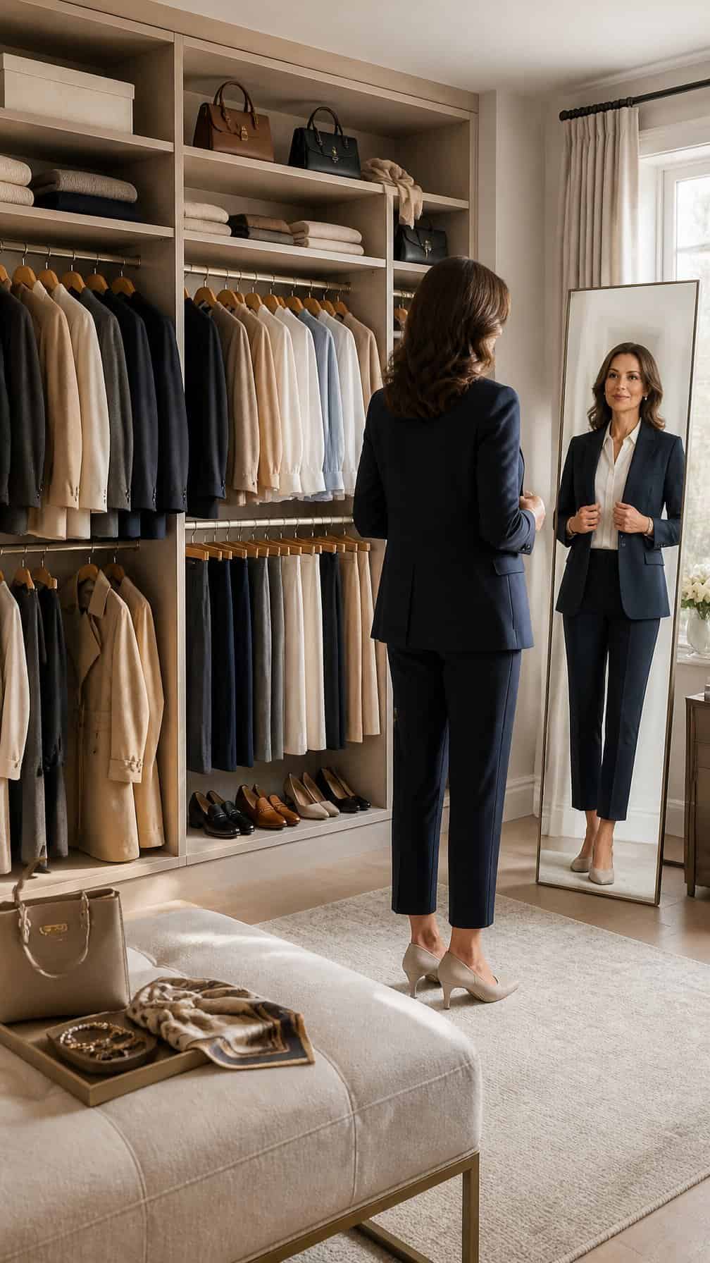 A woman reviews classic clothing in a neatly organized walk-in closet.