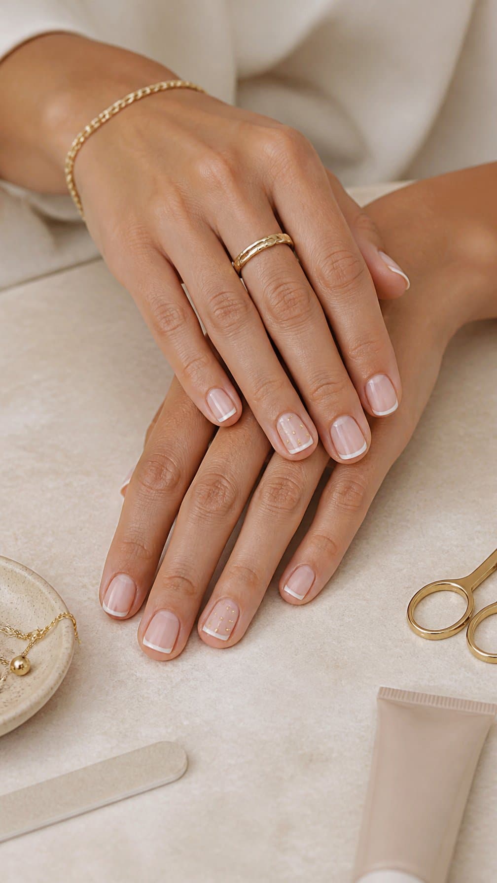 Close-up of neatly manicured short nails resting on a pale surface beside simple beauty accessories.