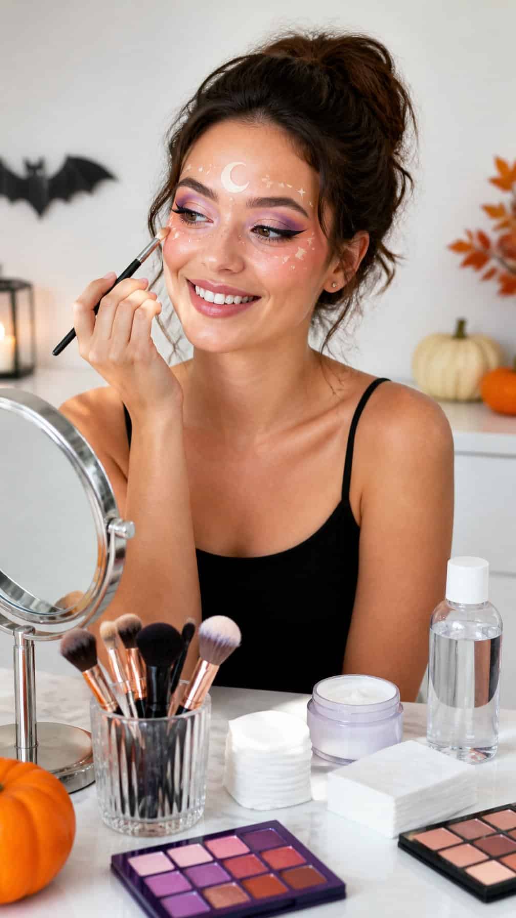 A woman applies colorful, non-gory Halloween makeup at a well-organized vanity surrounded by brushes and makeup-removal supplies.