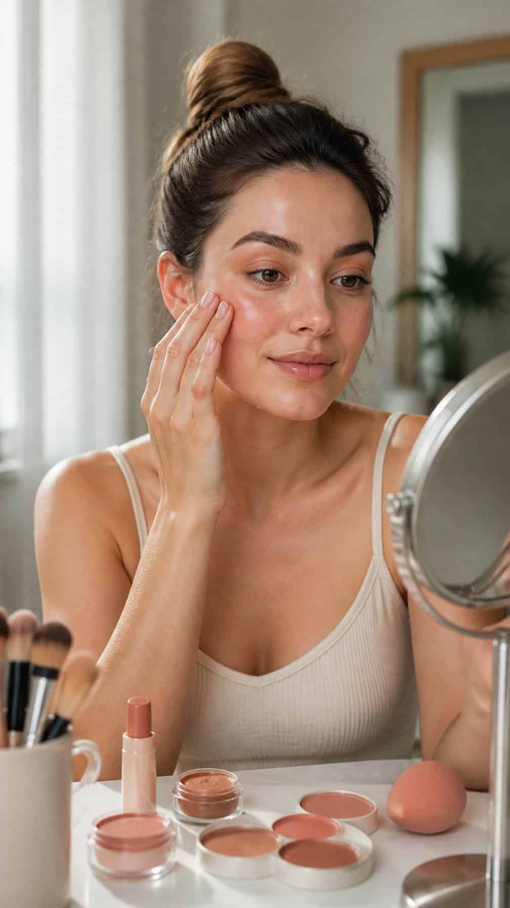 Woman applying cream blush during a natural morning makeup routine at a vanity.