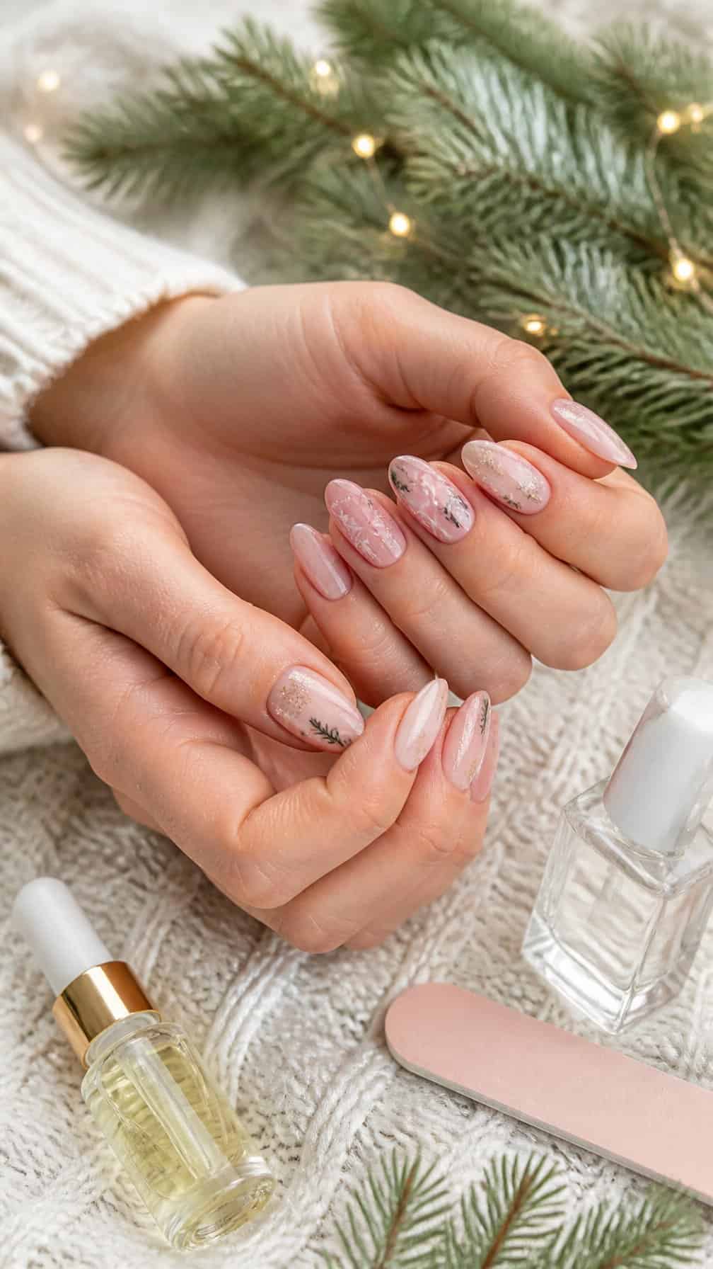 Hands with soft pink festive nail art resting beside manicure care tools and subtle holiday greenery.