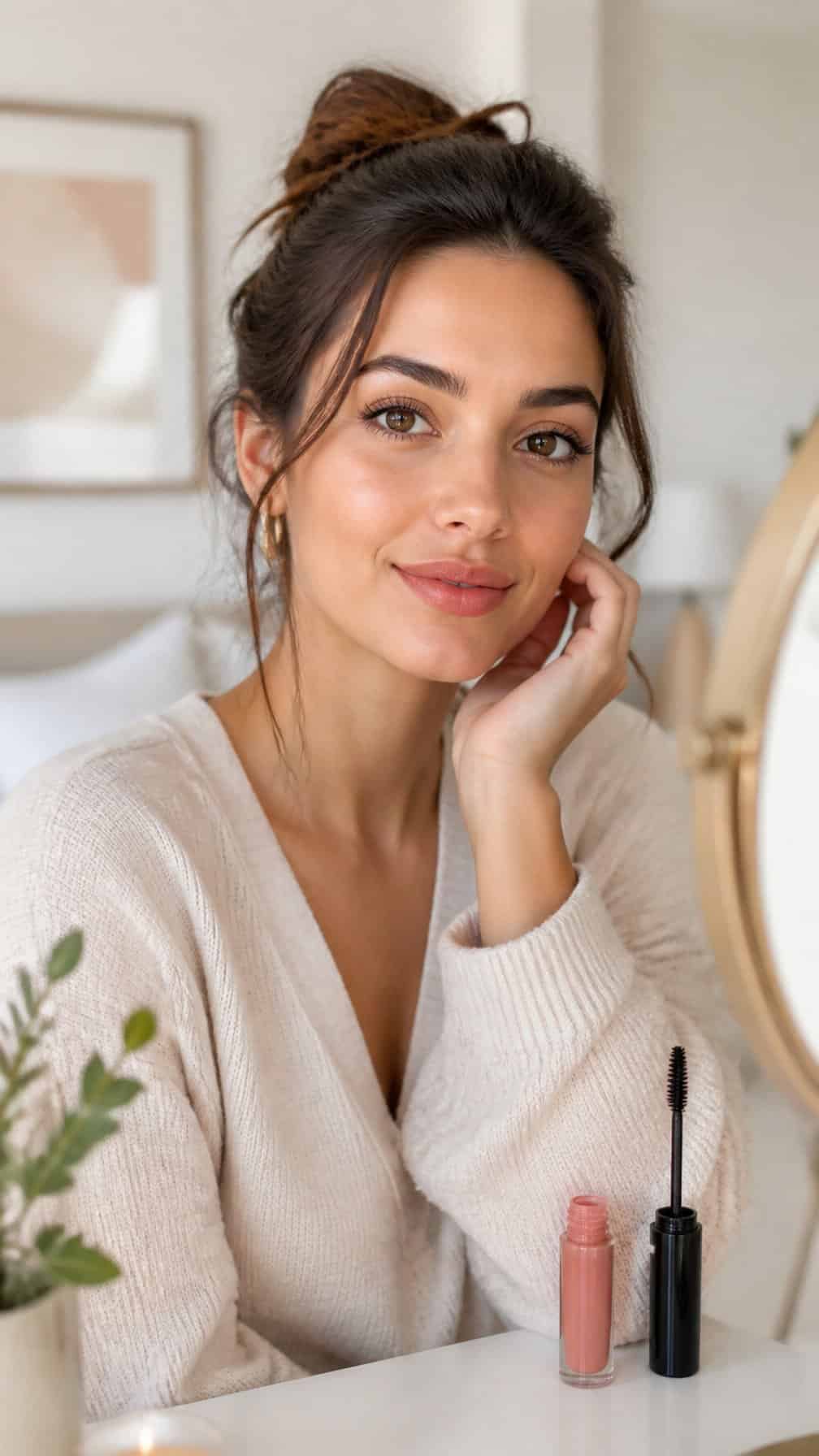 Woman wearing mascara and subtle peach lip tint in a bright morning setting.