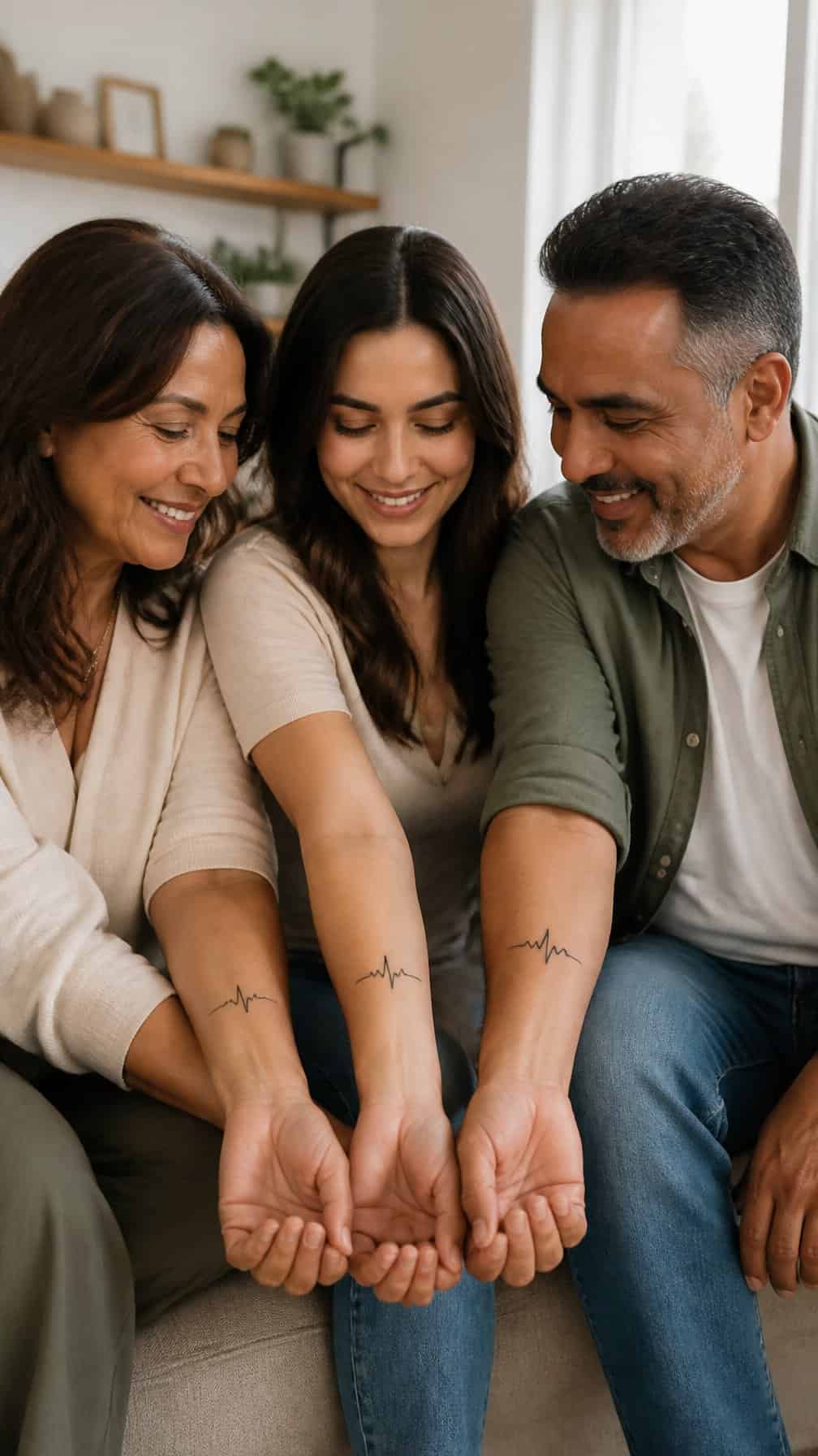 Family members show matching heartbeat line tattoos on their forearms.