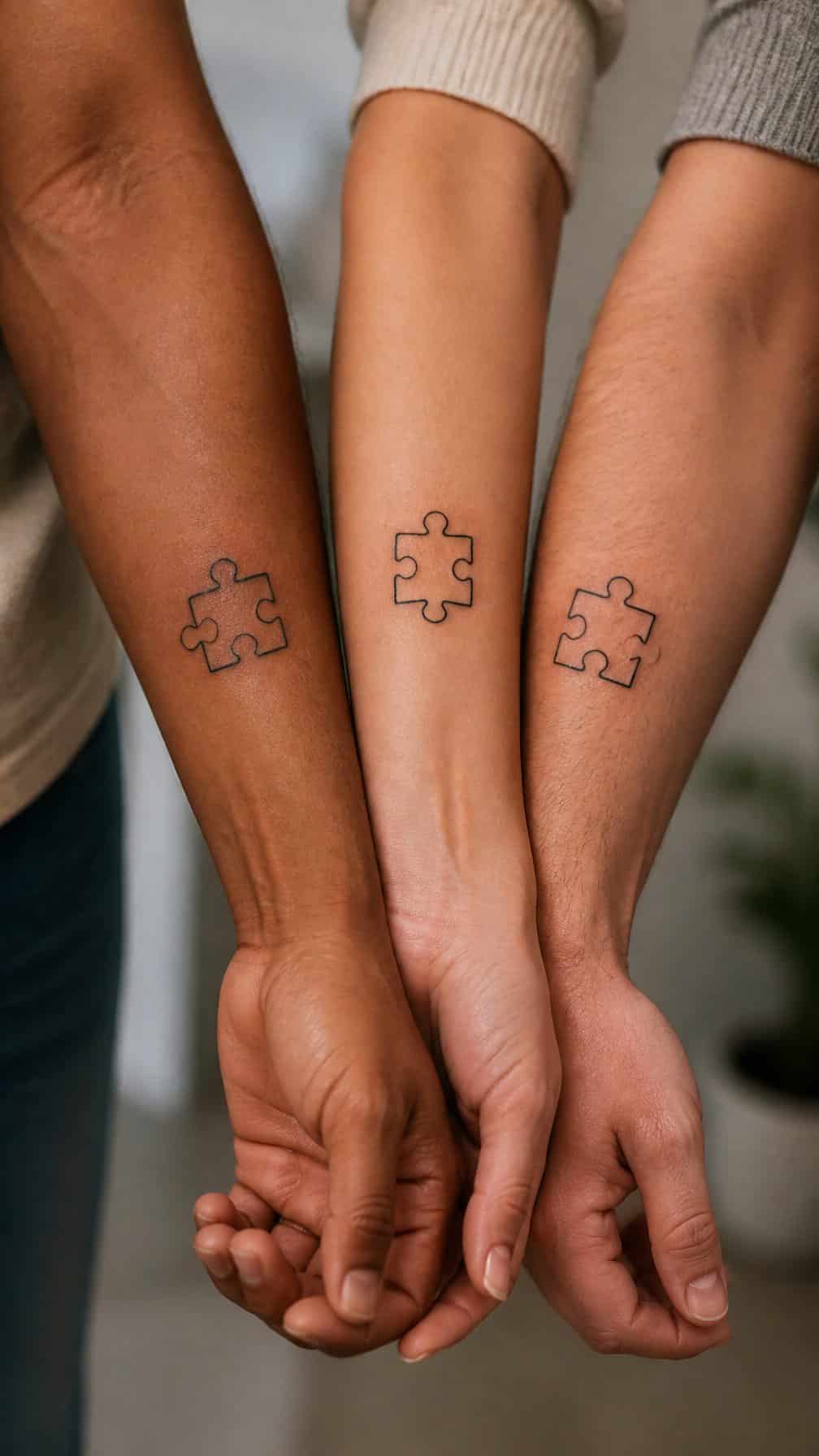 Family members place their forearms together to show matching puzzle-piece tattoos.