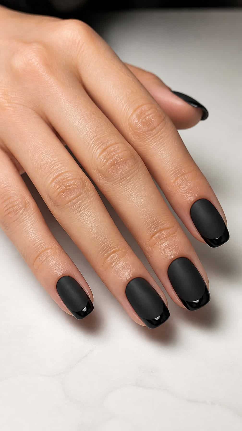 A manicured hand with matte black nails and glossy black tips resting on a light surface.
