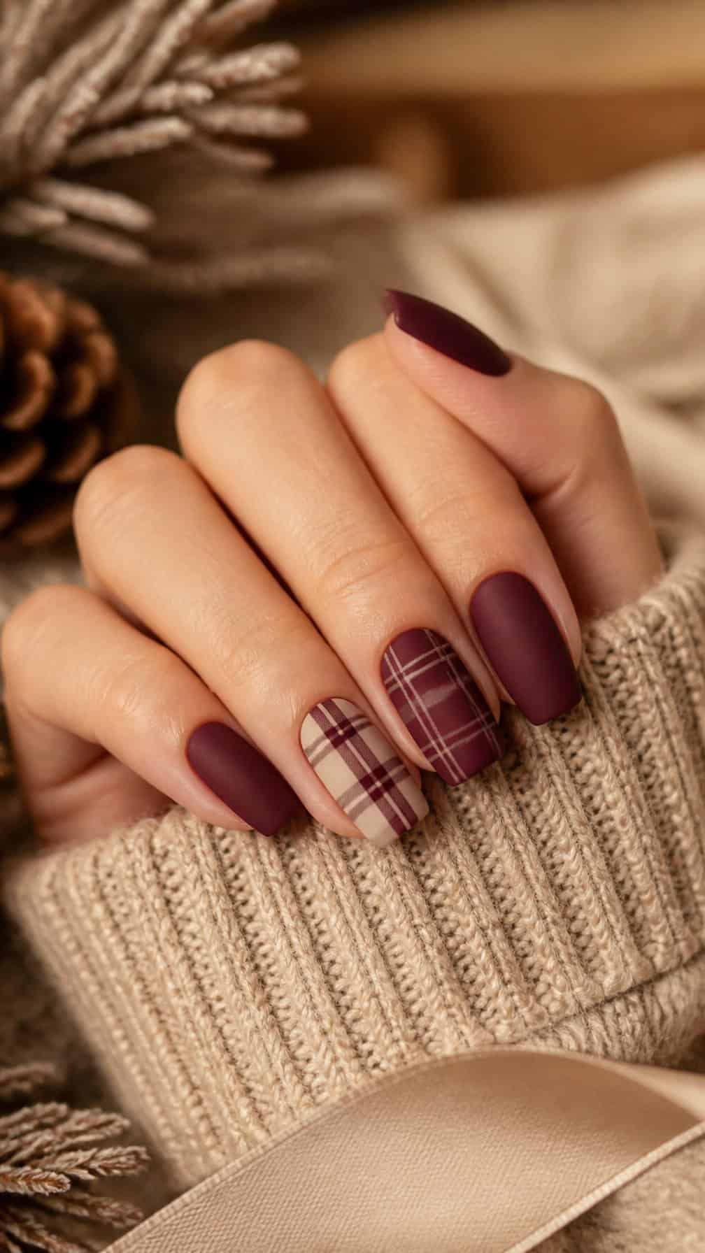 A hand with matte burgundy plaid-patterned nails resting on a cozy neutral sweater.