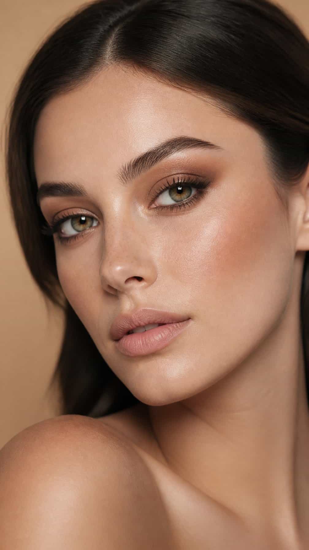 Close-up portrait of a woman with softly blended matte nude and brown smokey eye makeup.