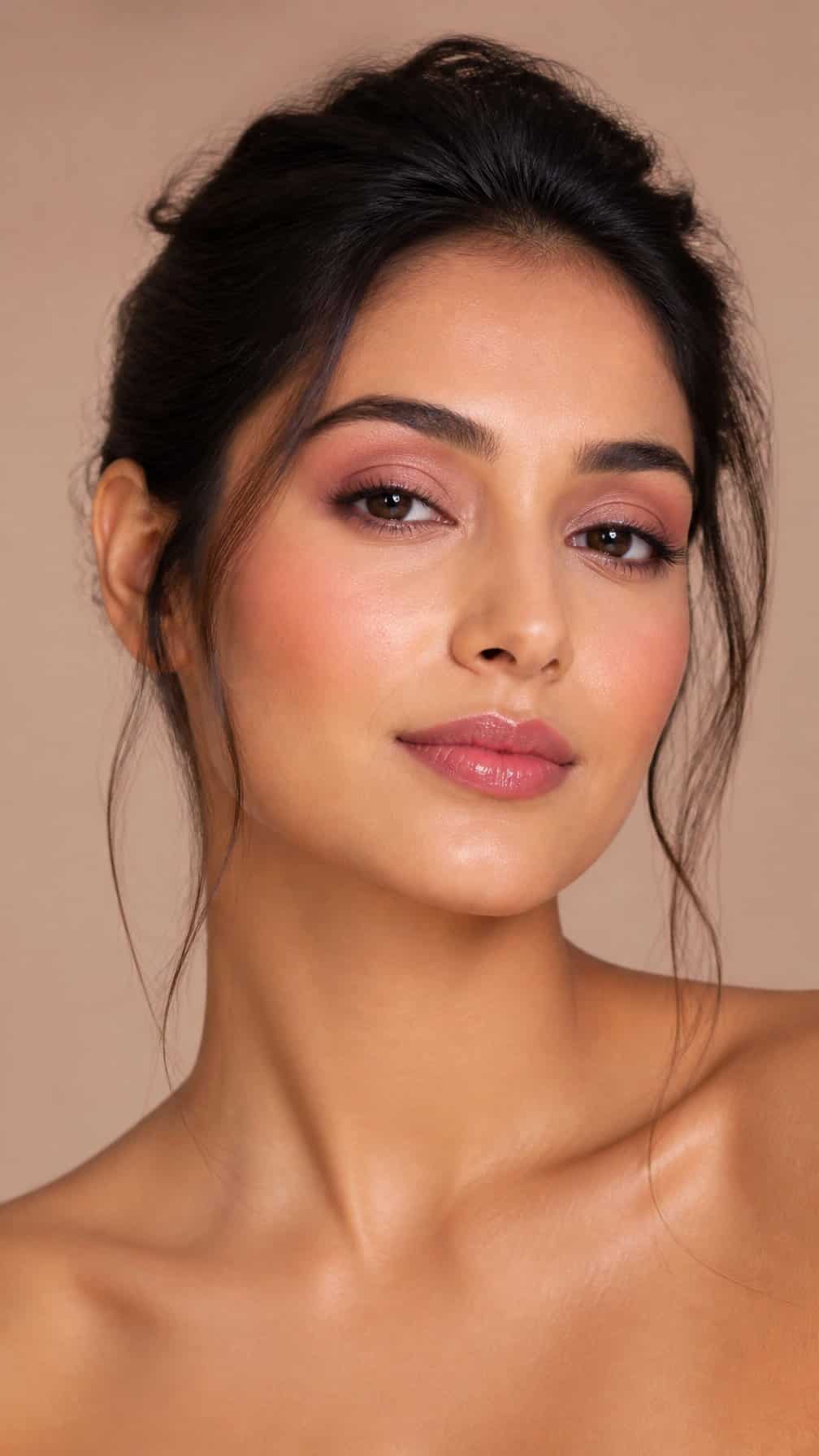 Close-up portrait of a woman wearing mauve eyeshadow, pink blush, and a soft pink lip.