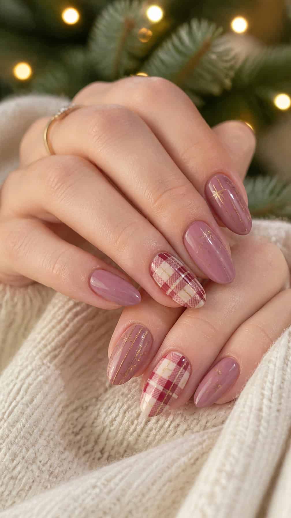 A close-up of mauve plaid Christmas nail art on neatly manicured hands beside cream fabric and evergreen branches.