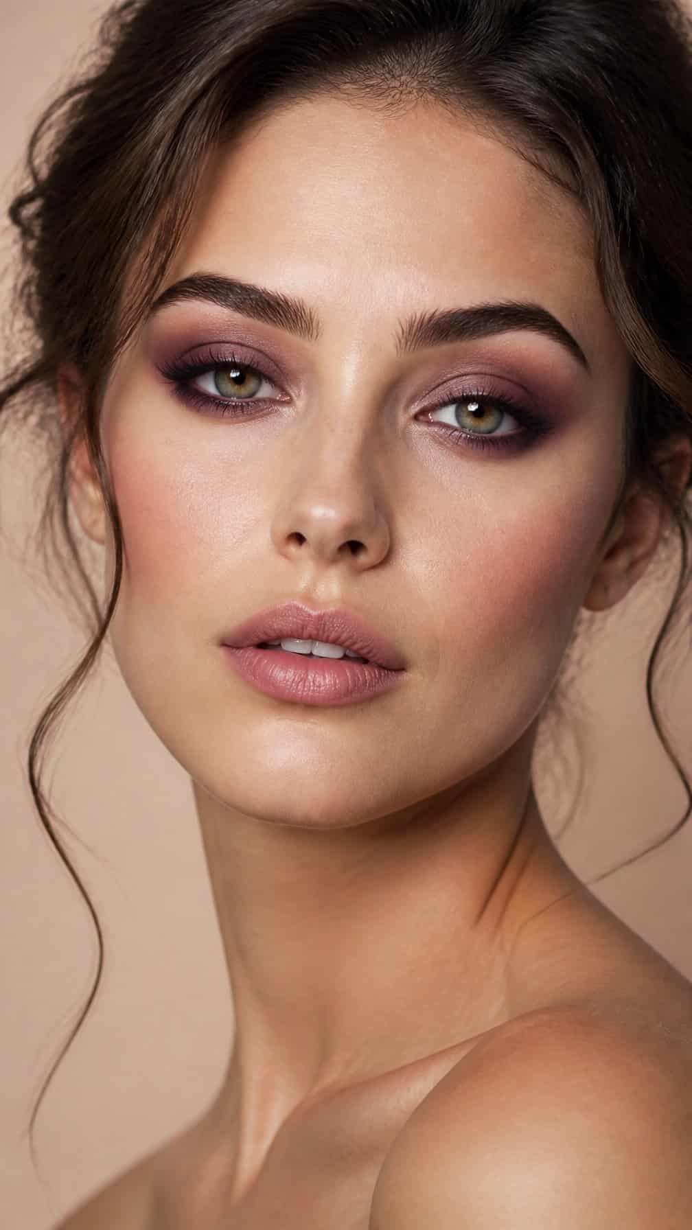 Close-up portrait of a woman wearing mauve smokey eye makeup.