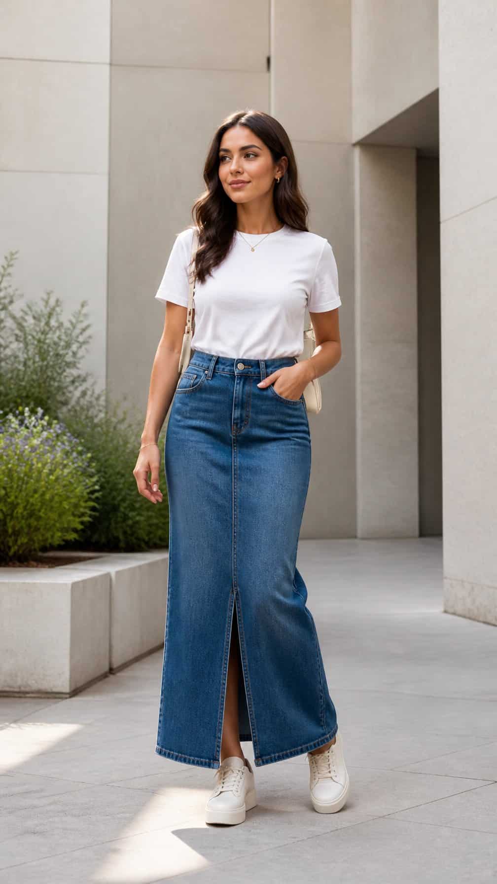 A woman wears a long denim skirt, tucked-in T-shirt, and platform sneakers outdoors.