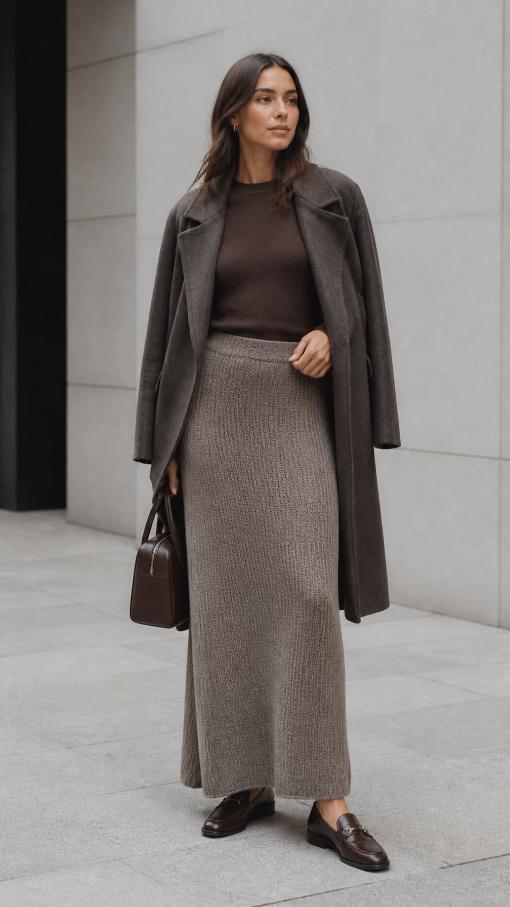 A woman wears a long knit skirt, oversized coat, and loafers in an urban setting.
