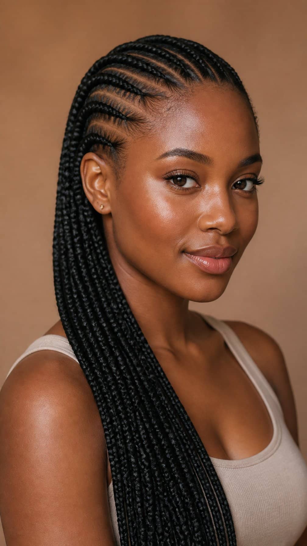 A woman poses in a softly lit studio against a neutral background.
