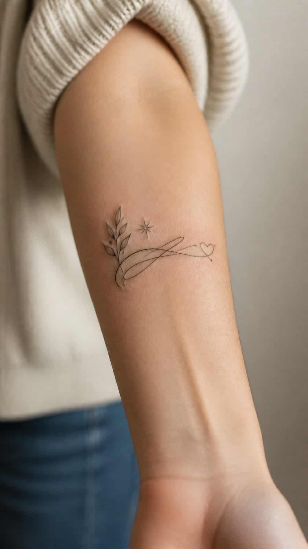 Close-up of a forearm featuring a small memorial tattoo with an abstract signature-inspired design and a delicate symbol.