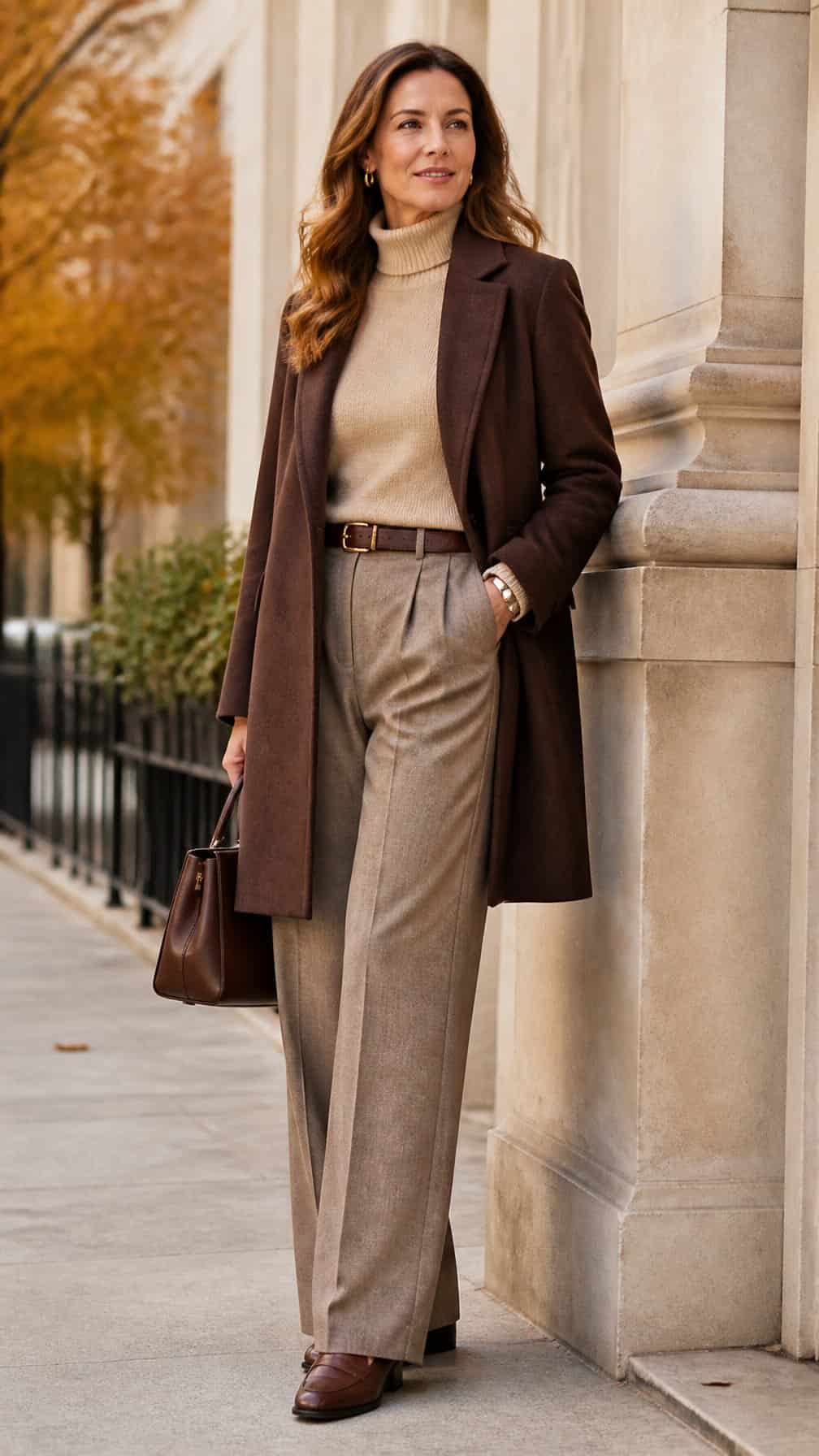 Woman wearing a turtleneck and wide-leg trousers outdoors in autumn.