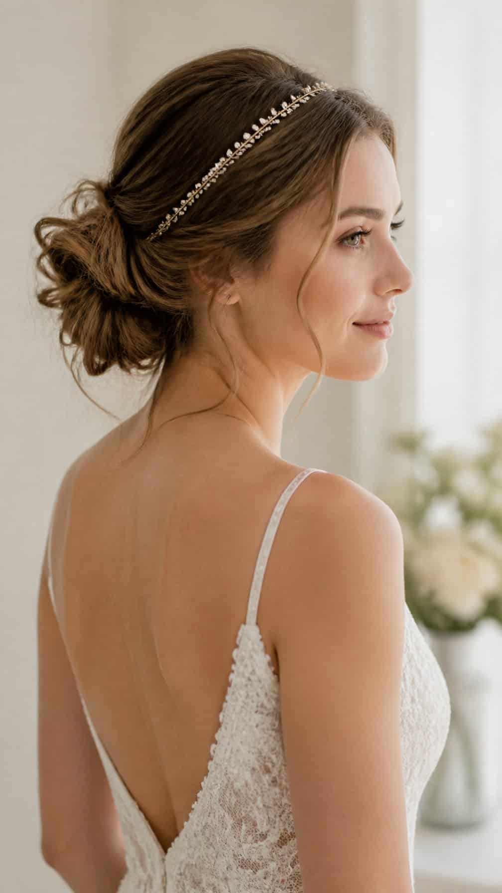 Bride wearing a loose messy bun with a delicate headband.
