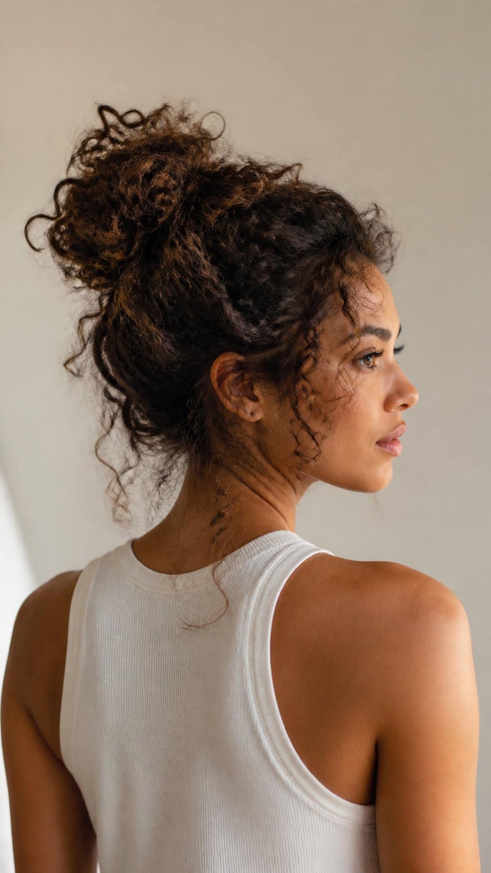 A woman with naturally curly hair wears a loose, messy bun with a few curls falling around her face.