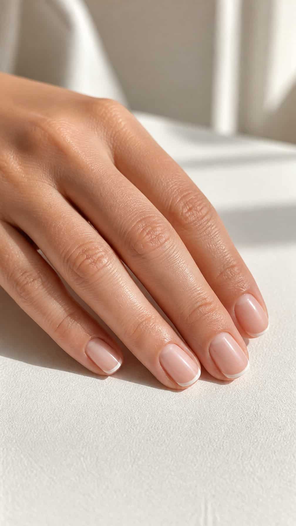 A hand with short natural nails featuring delicate white French tips rests on a light surface.