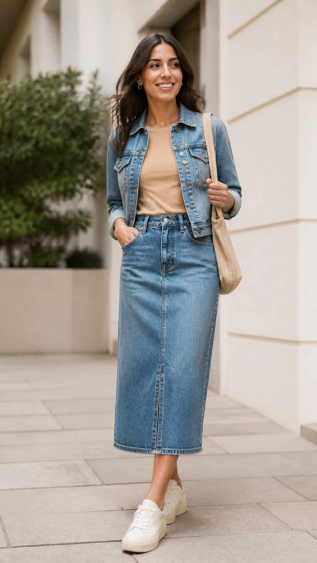 A woman wears a midi denim skirt, cropped jacket, and low-top sneakers outdoors.
