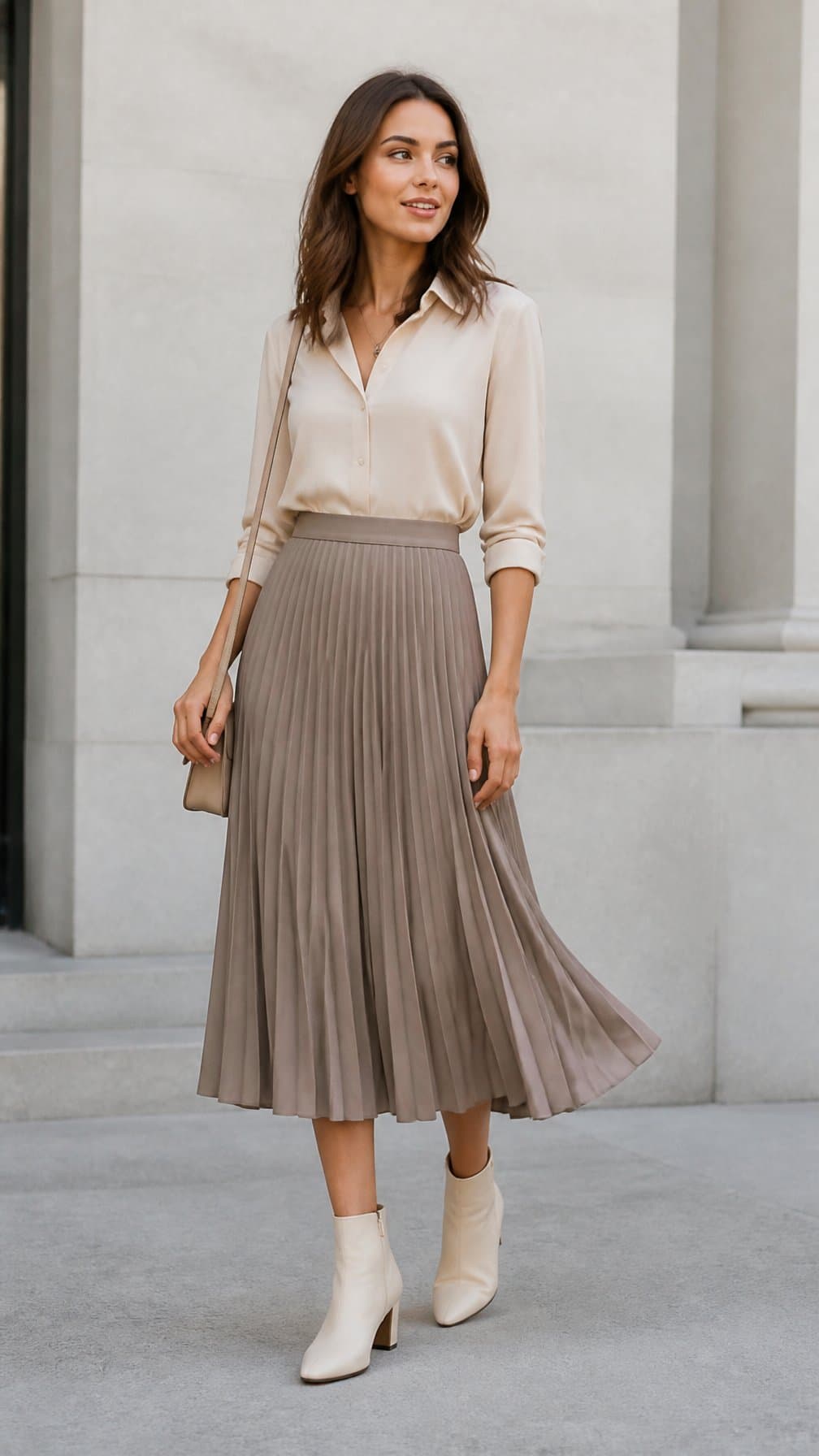 A woman wearing a pleated midi skirt, tucked-in blouse, and ankle boots stands in a bright urban setting.