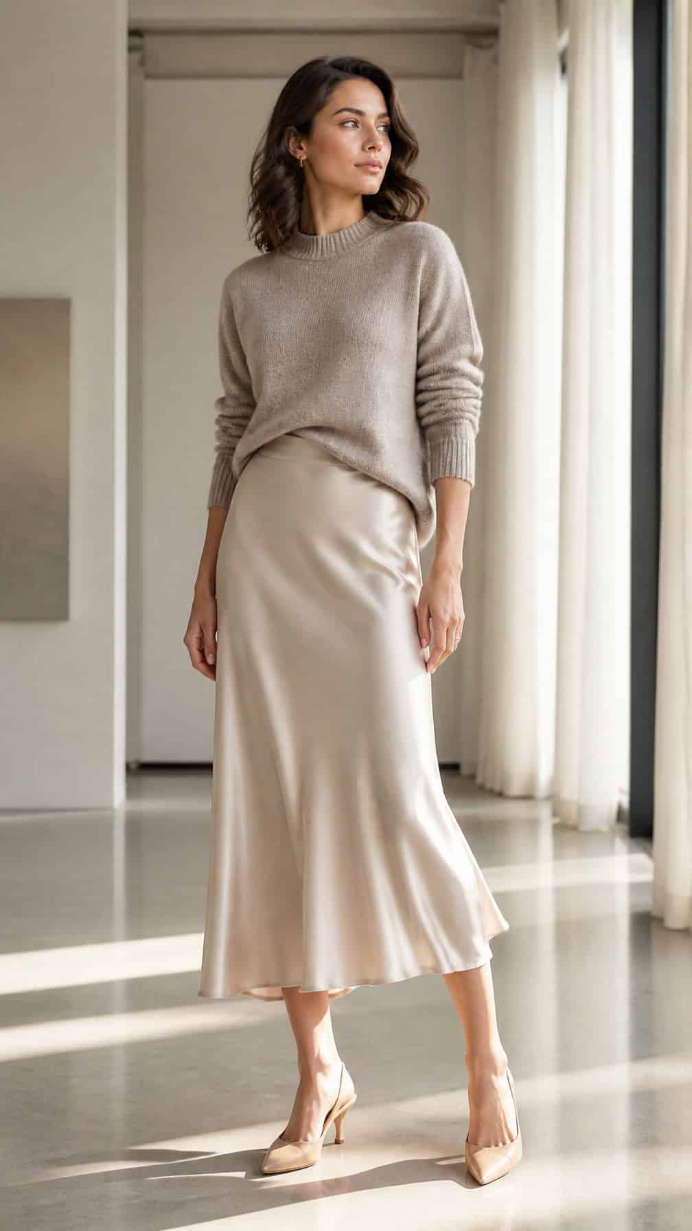 A woman wearing a satin midi skirt, cashmere sweater, and slingback heels in a bright contemporary interior.