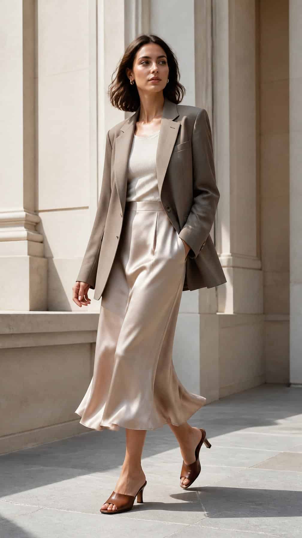 A woman wearing a midi slip skirt, oversized blazer, and mule shoes in an urban setting.