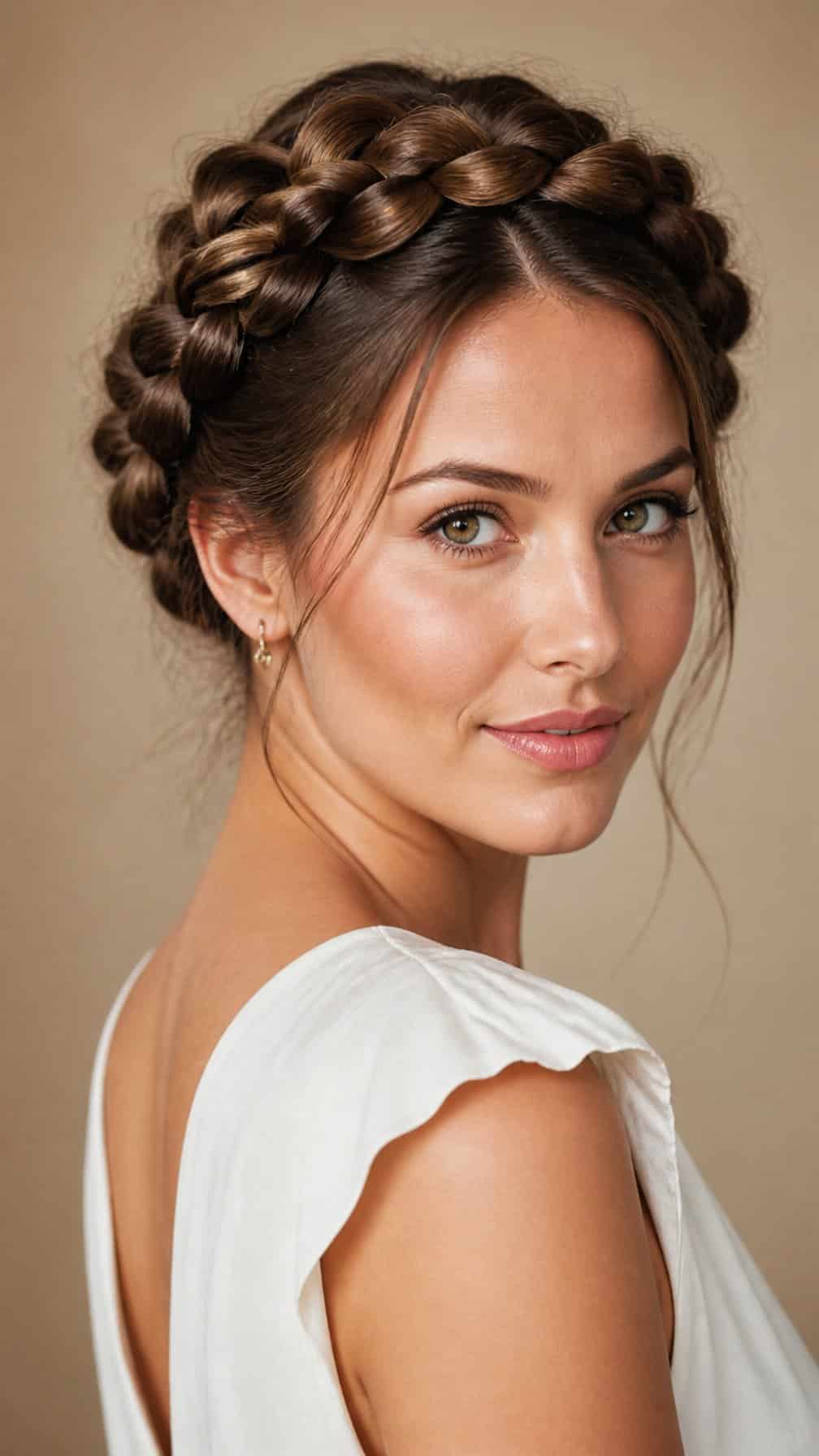 Woman wearing two braids wrapped around her head in a milkmaid hairstyle.