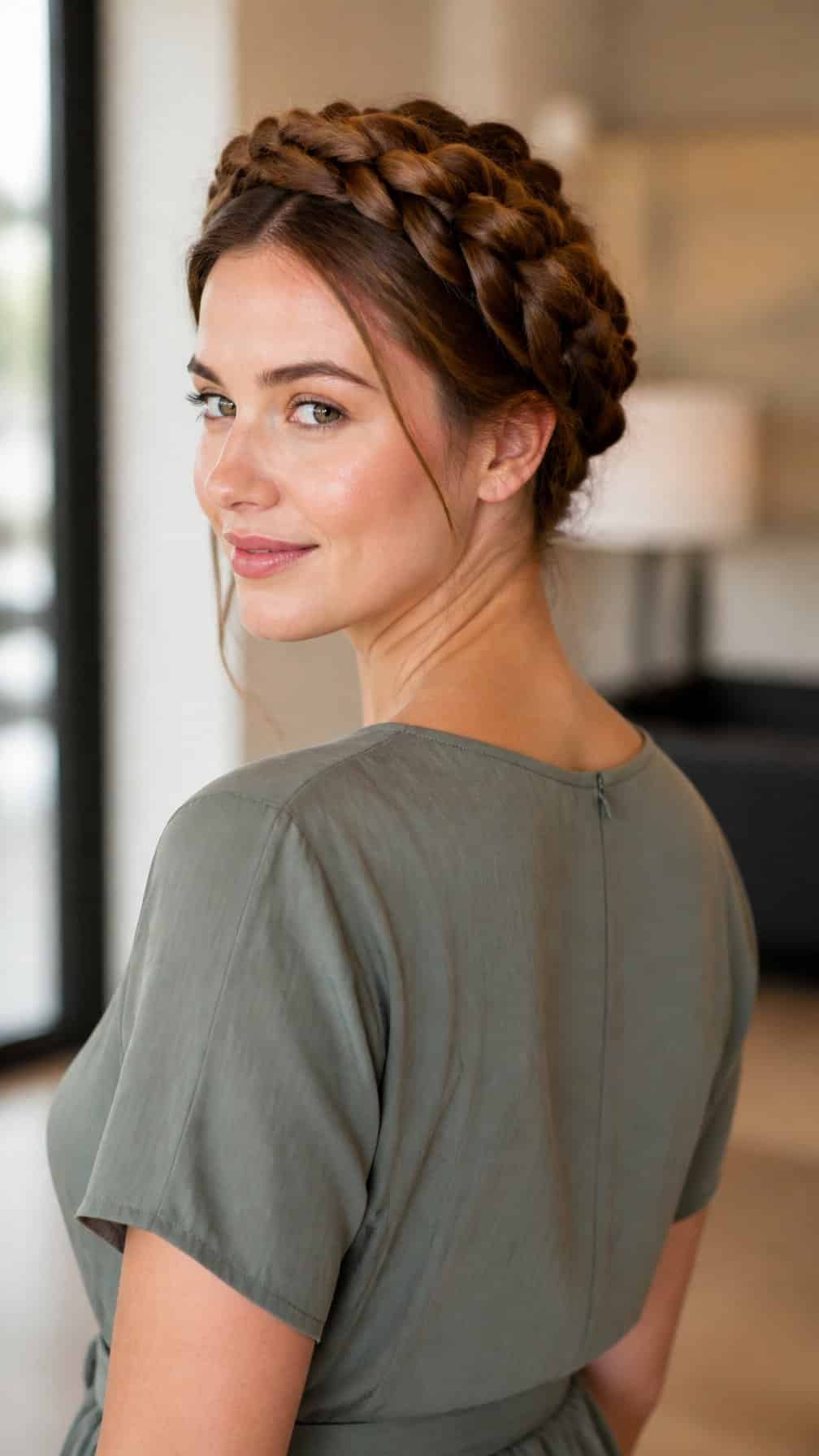 Woman wearing long hair in two braids wrapped over the top of her head.