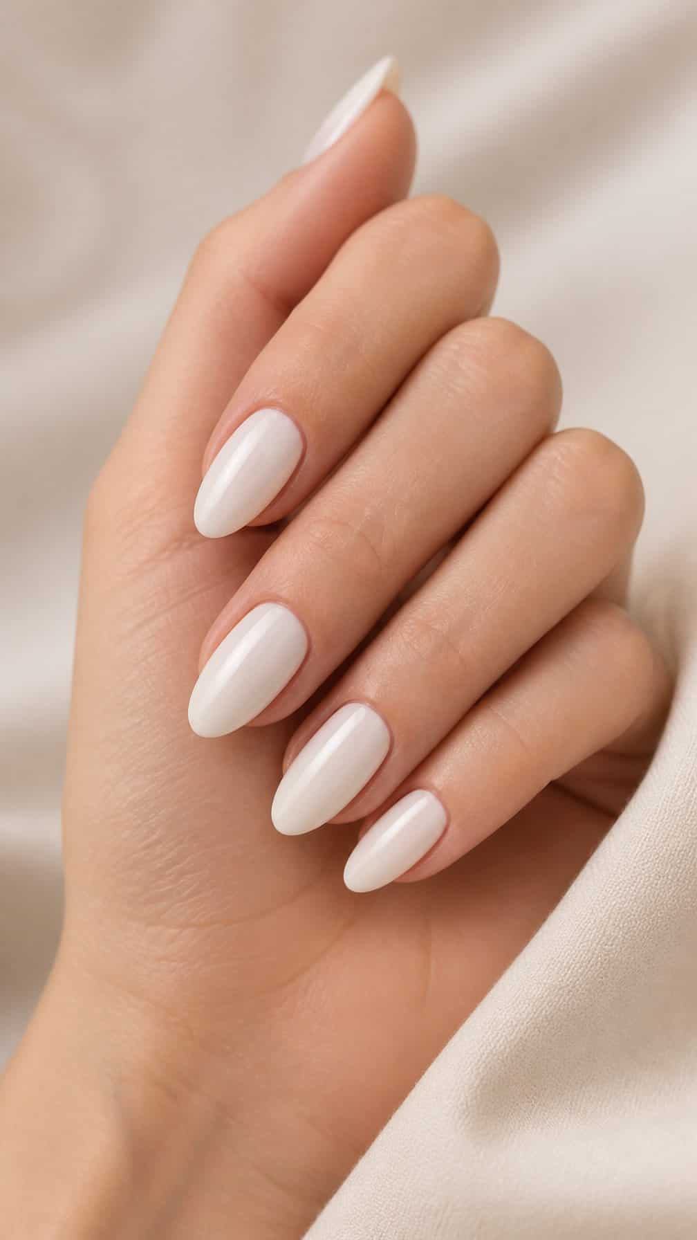 A well-groomed hand with glossy milky white almond-shaped nails.