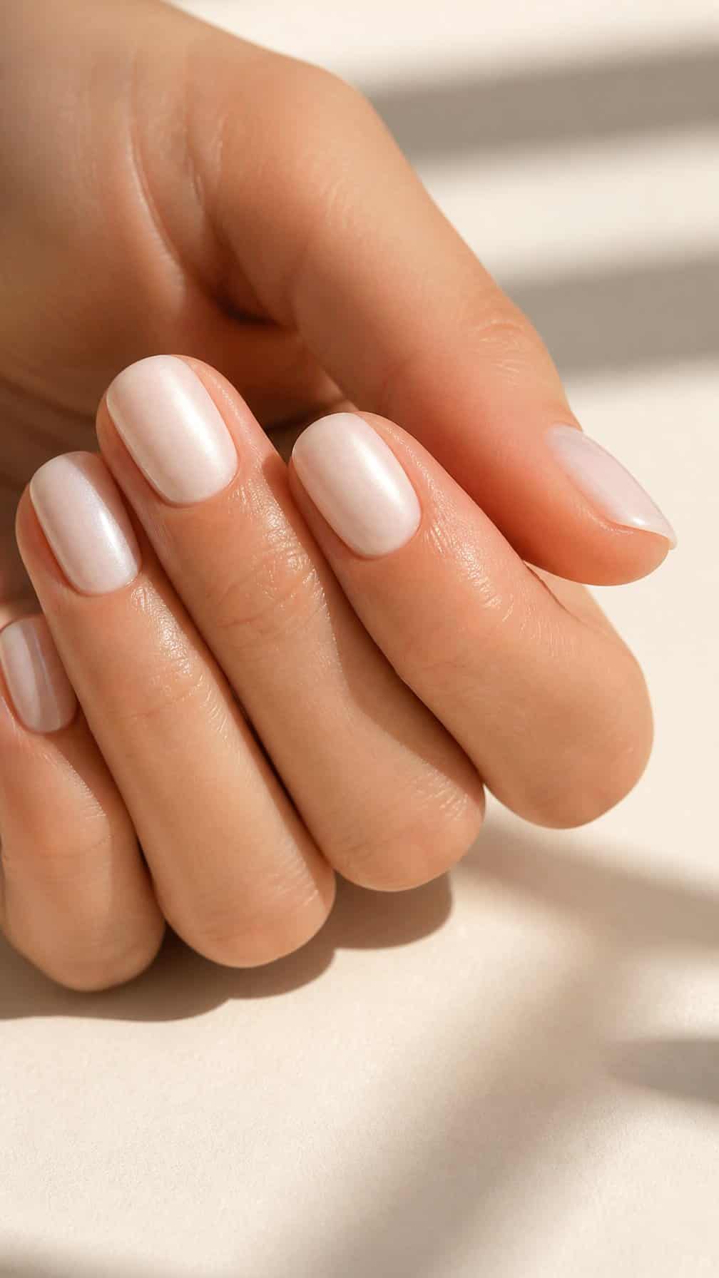 A hand with short glossy milky white nails resting on a light surface.