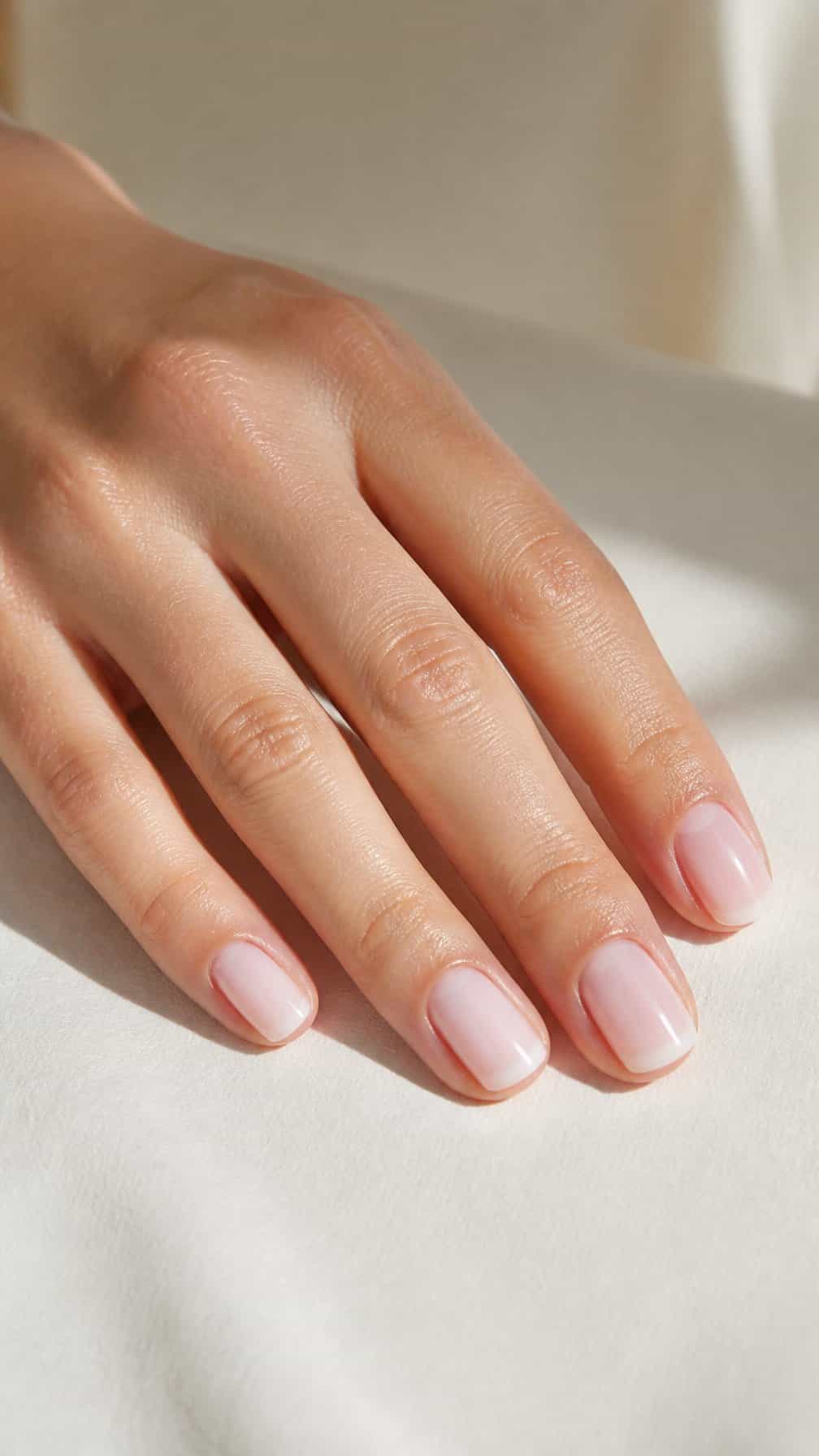 A hand with short nails painted a sheer milky white resting on a neutral surface.