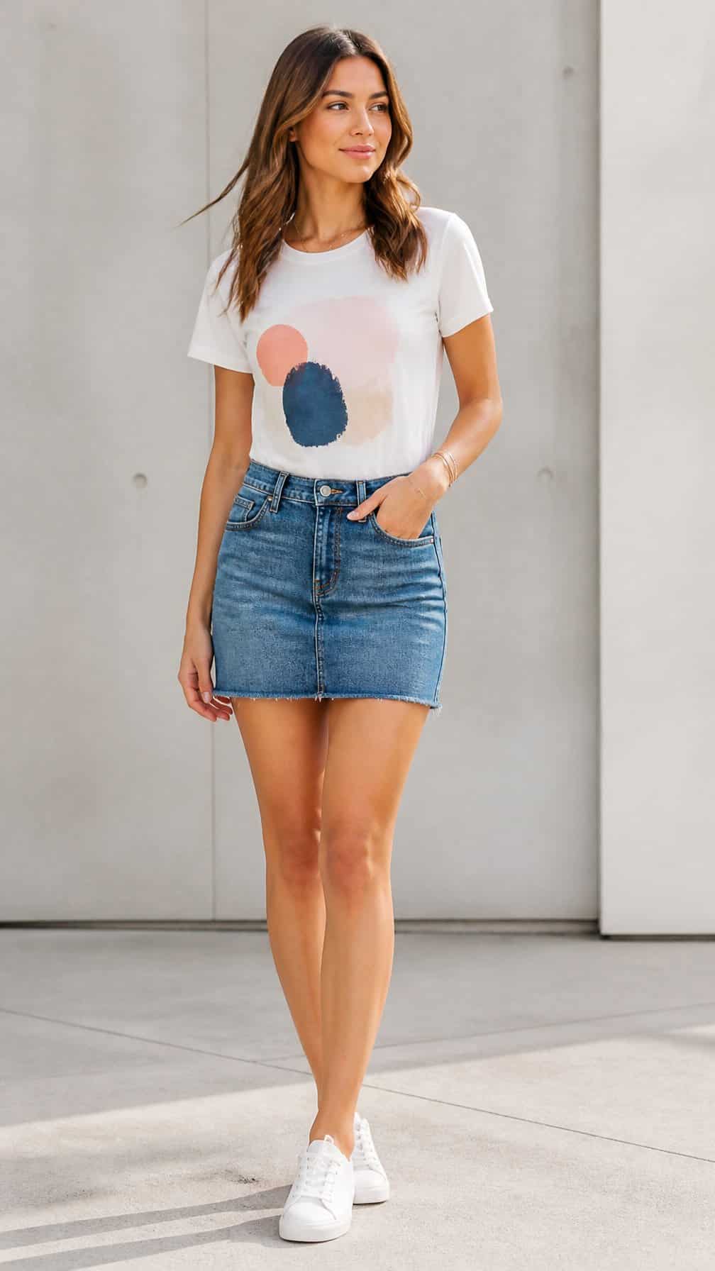 A woman stands outdoors wearing a denim mini skirt, tucked-in graphic T-shirt, and sneakers.