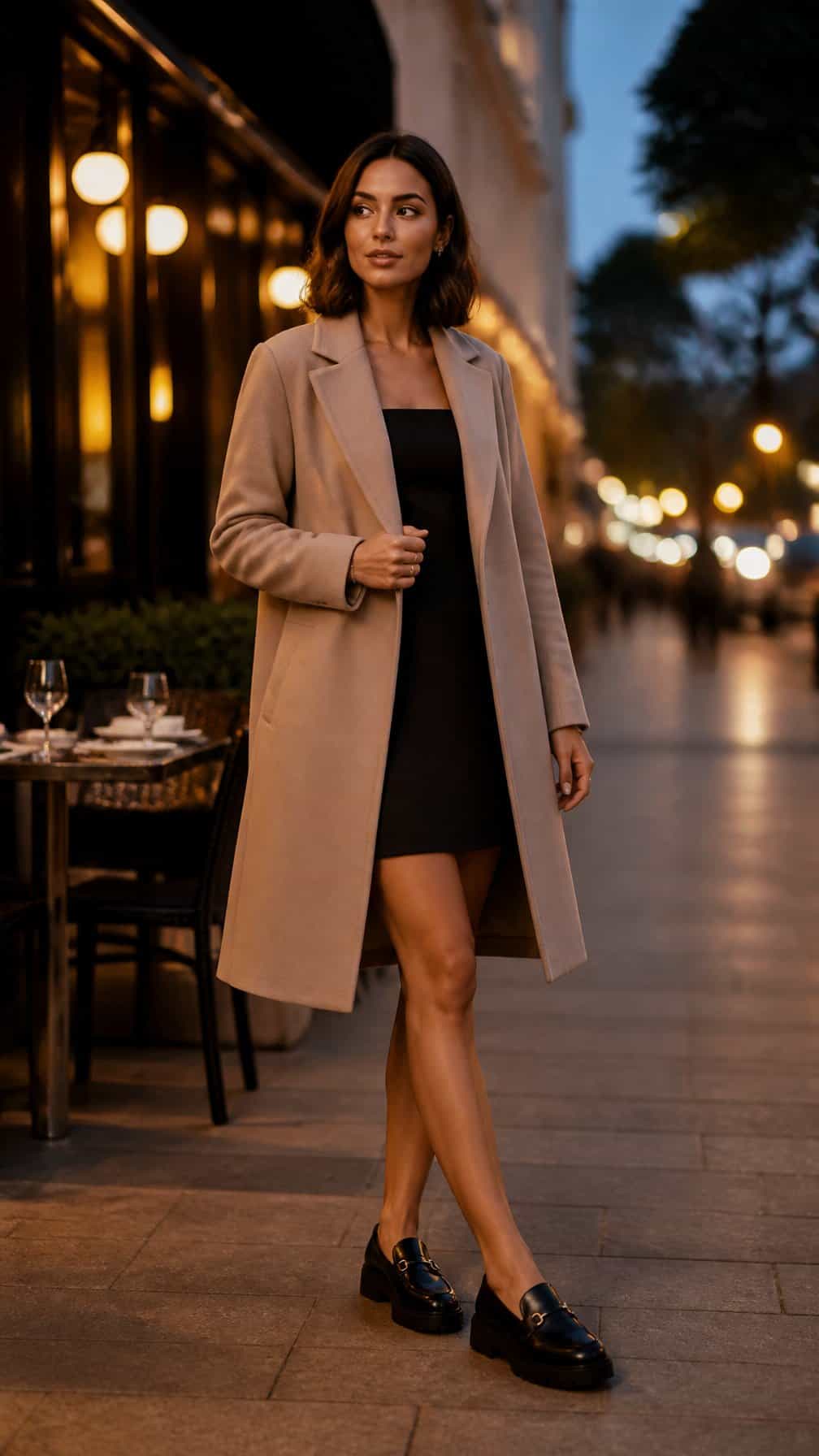 A woman in a mini dress, longline coat, and lug-sole loafers stands outside an upscale venue in the evening.